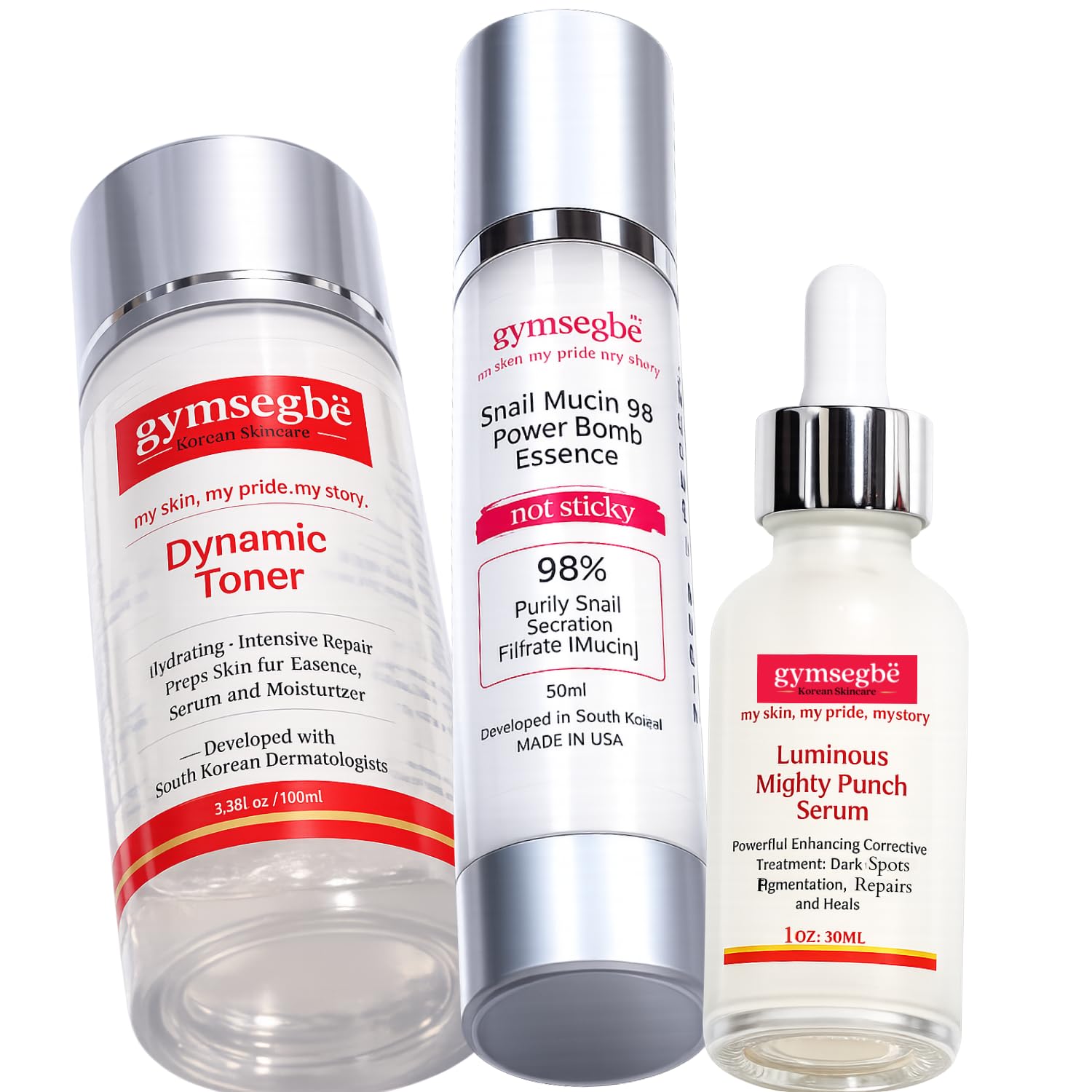 gymsegbë Wrinkle Reduce Luminous Serum, Snail Mucin Essence, and Dynamic Hydrating Toner - Korean Anti-aging Bundle S