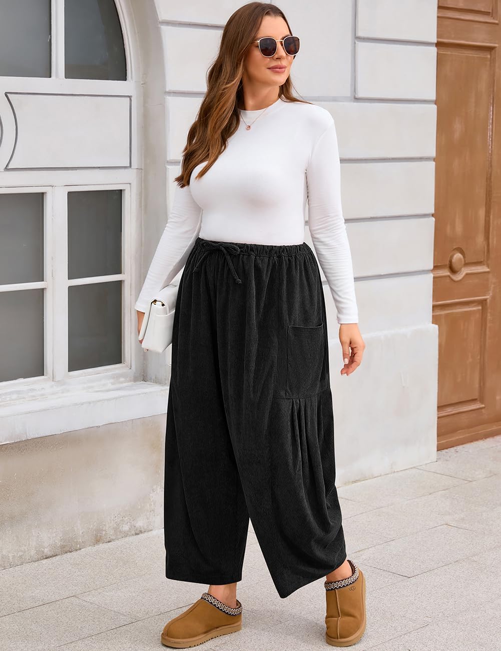 TARSE Womens Corduroy Pants Barrel Casual Loose Baggy Drawstring Wide Leg Palazzo Harem Pants with Pockets - Image 3