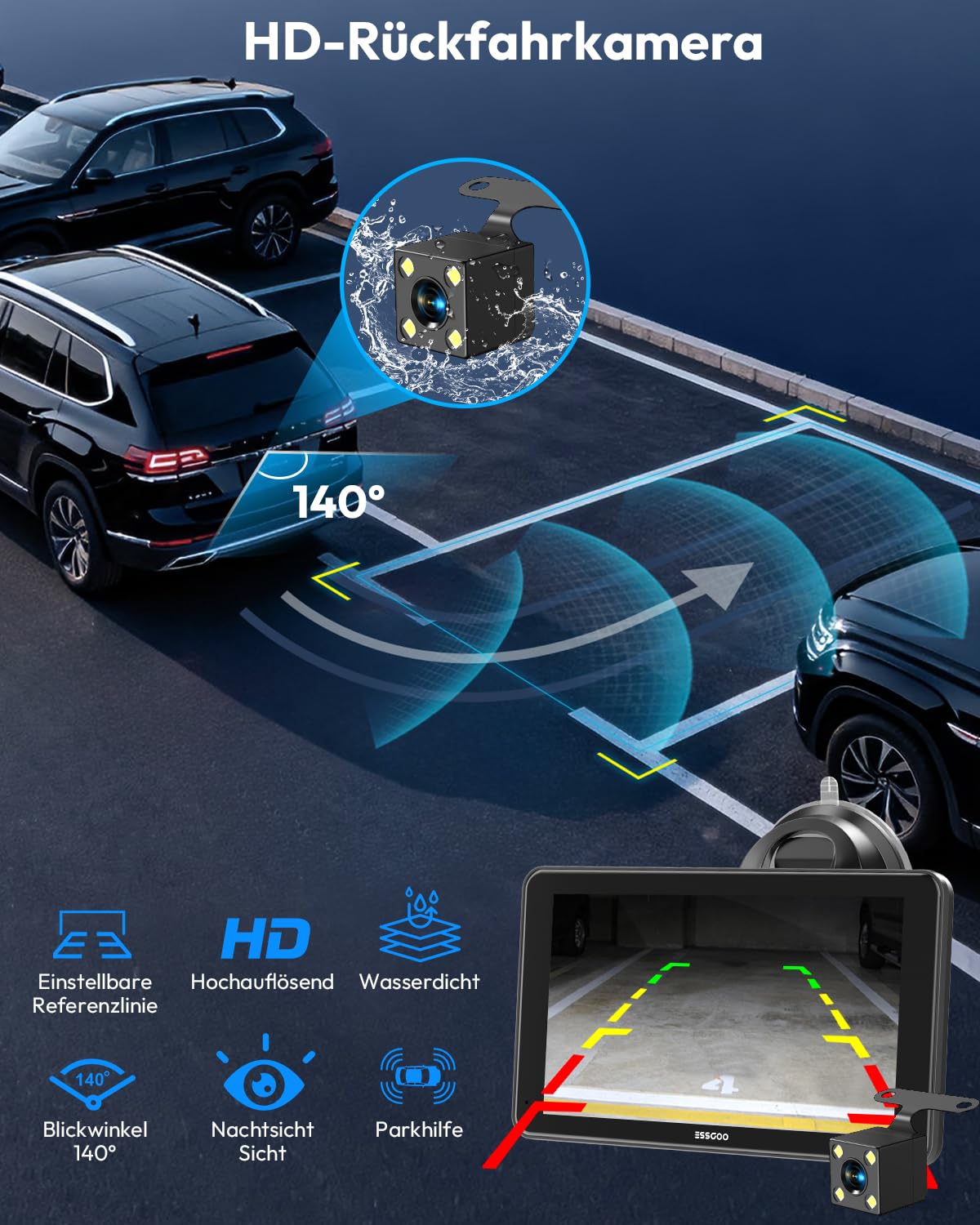 ESSGOO Carplay Android Auto Display mit Rückfahrkamera,7 Zoll Carplay Bildschirm für Apple/Android Auto/AirPlay/Mirror Link,Wireless Touchscreen GPS Navigation,mit Bluetooth5.3,AUX,FM,Sprachassistent