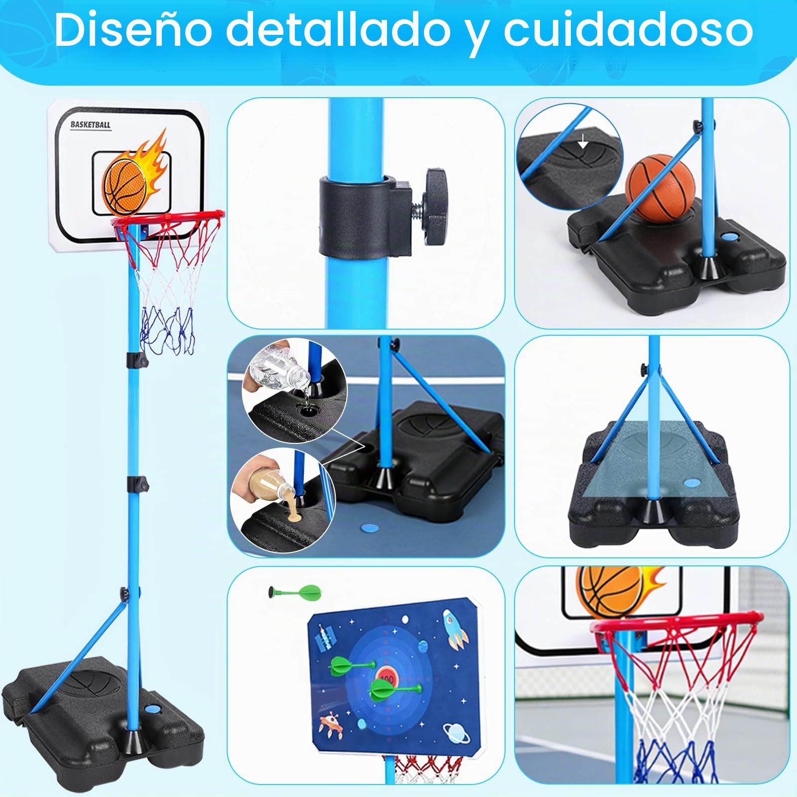 4 en 1 Canasta Baloncesto Infantil Ajustable Canasta de Baloncesto para Niños con Dardos y Juego de Béisbol, T-Ball Colgante y Soporte Interior y Exterior Juguete Deportivo 3-12 Años