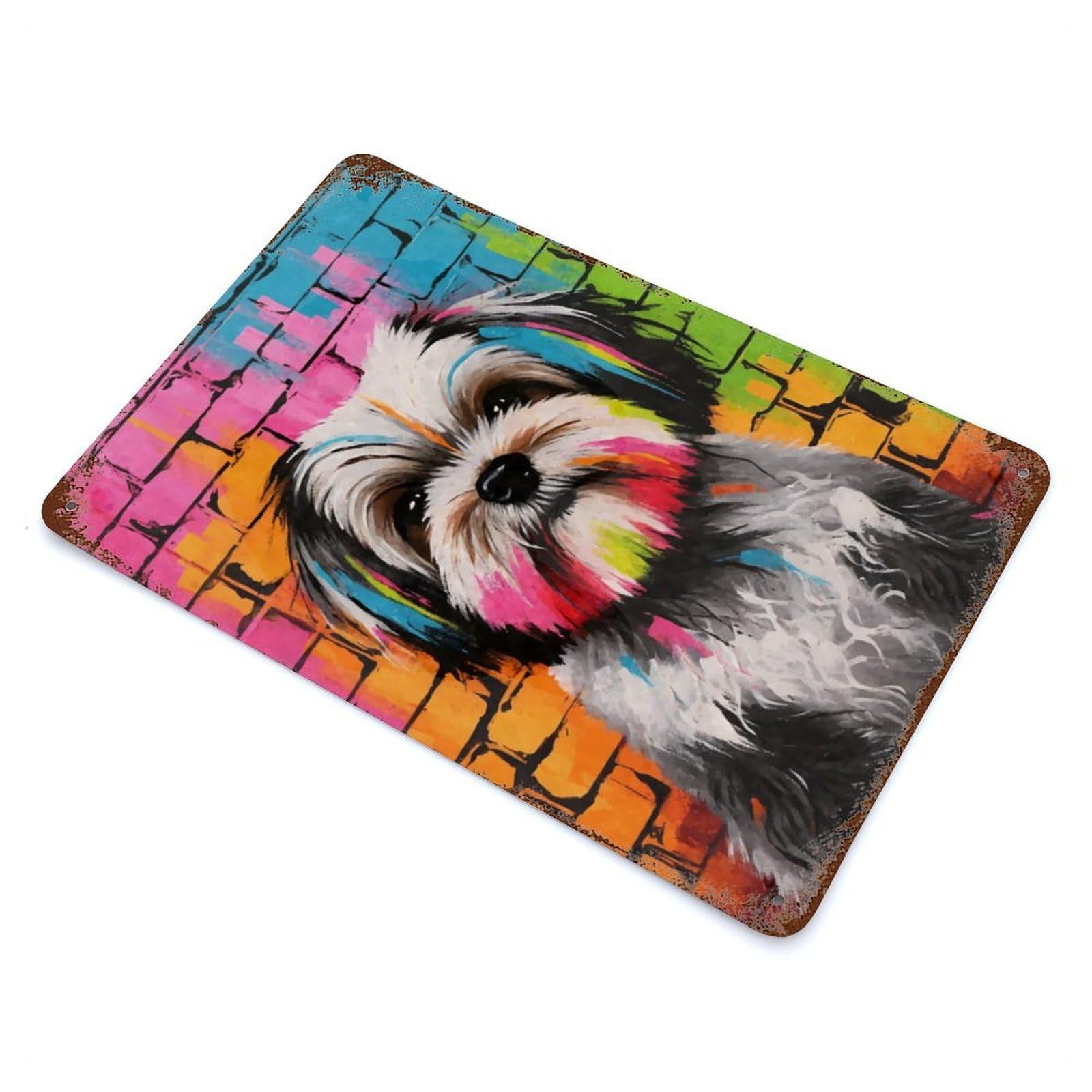 Vintage Rust Metal Sign with Shih Tzu Dog Graffiti Design 11.8"x7.9", for Garage, Bar And Workshop Decor, Retro Wall Decor