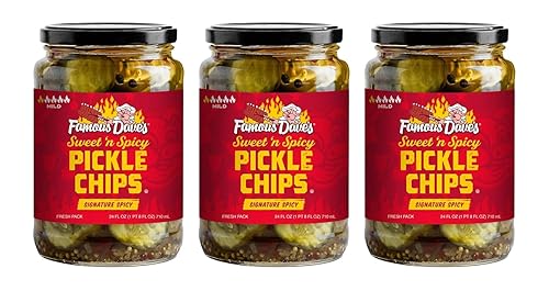 Famous Dave's Signature Spicy Pickles - Tarro de vidrio de 24 onzas (paquete de 3) (patatas fritas de hoja) (paquete de 1)