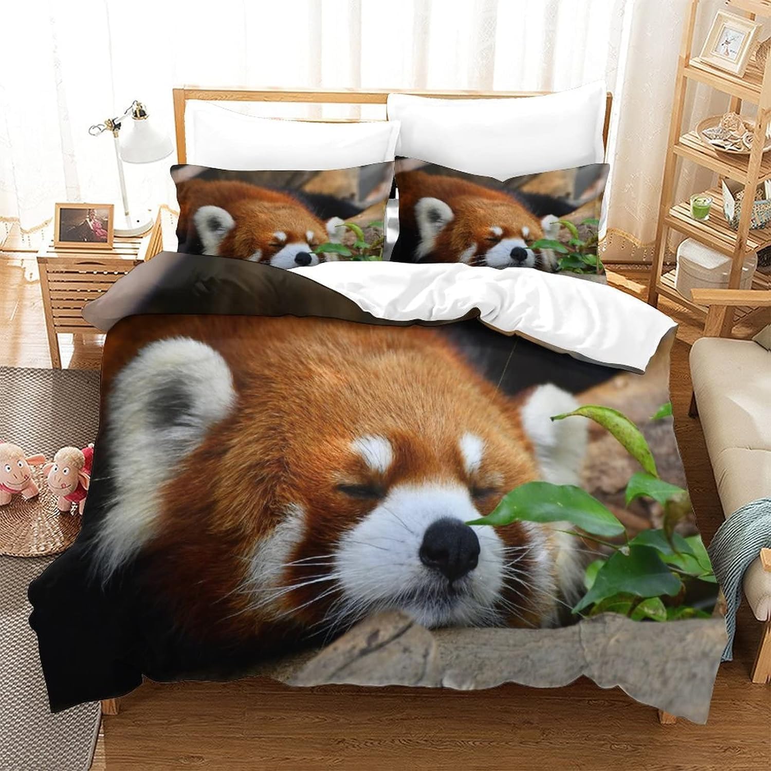 Pościel 220 x 240 cm, czerwona panda, miękka pościel z mikrofibry, poszewka na kołdrę z nadrukiem 3D, dzikie zwierzęta, 3-częściowy poszwa na kołdrę z zamkiem błyskawicznym i 2 poszewki na poduszkę 80