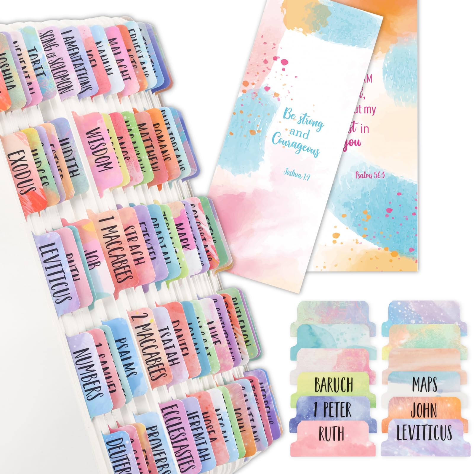 Watercolor Design Bible Tabs Old & New Testament, 100PCS Laminated Catholic Bible Index Tabs, Easy to Apply & Waterproof