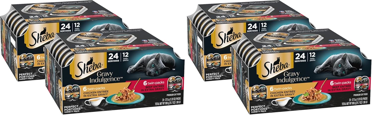 Sheba Gravy Indulgence Adult Wet Cat Food Beef and Chicken Entree in Extra Gravy Variety Pack,2.6 oz. -Pack Trays (,24 Servings),12 Count (Pack of 4)