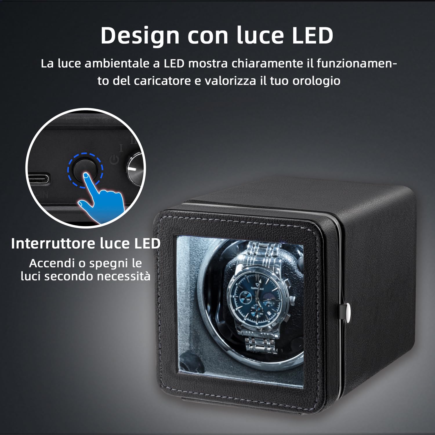 Mcbazel Carica Orologi Automatico Rotante, Elegante Scatola Carica Orologi Automatica Singola con Motore Silenzioso, 4 Modalità di Rotazione, Scatola Rettangolare in Pelle PU con Luce LED – Nero