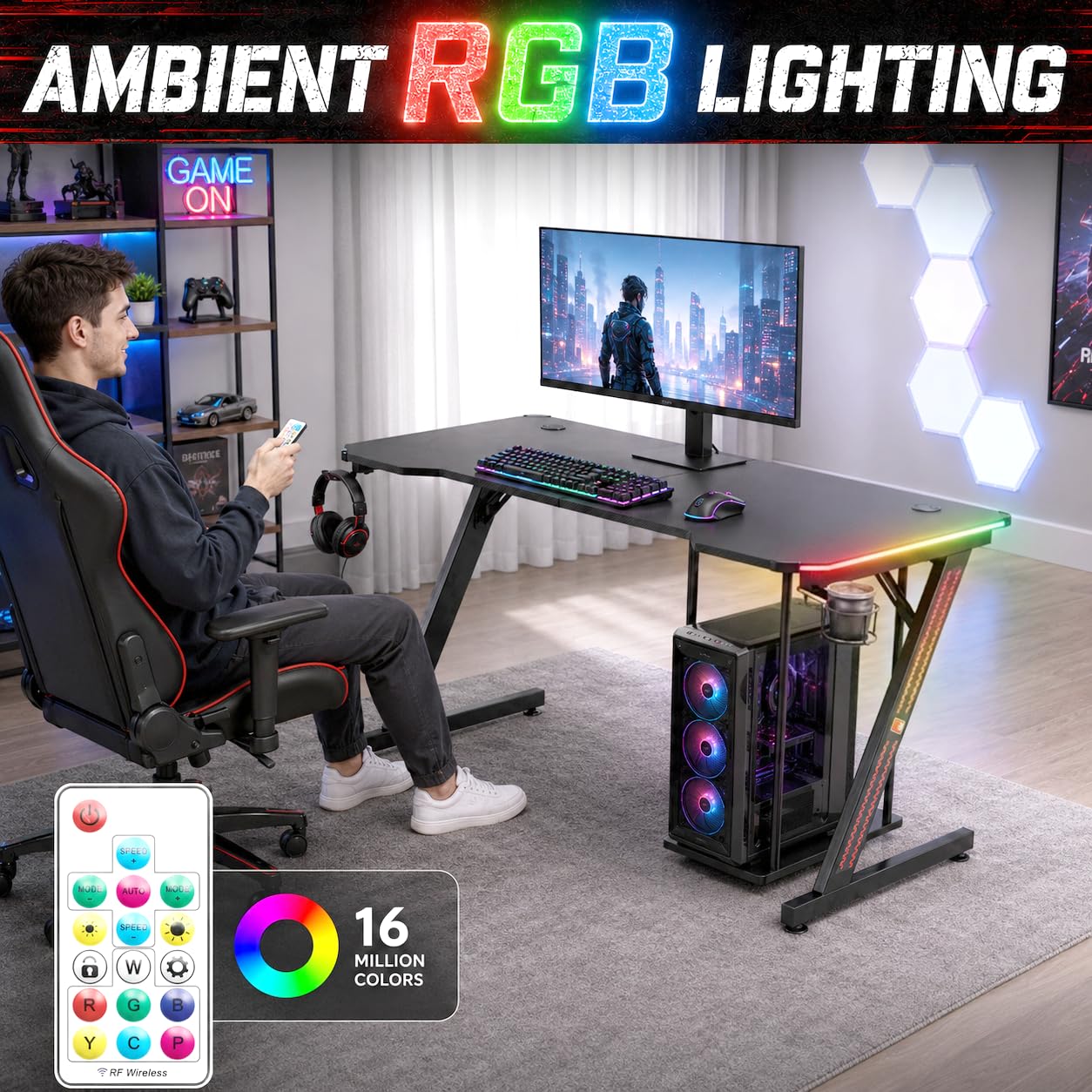 MY SIT Gaming Tisch 140 cm Titan Farbwechsel LED Beleuchtung - Kopfhörerhalter PC-Halter Getränkehalter - Leistungsstarkes Kabelmanagement - Schreibtisch Gaming Computertisch in Schwarz
