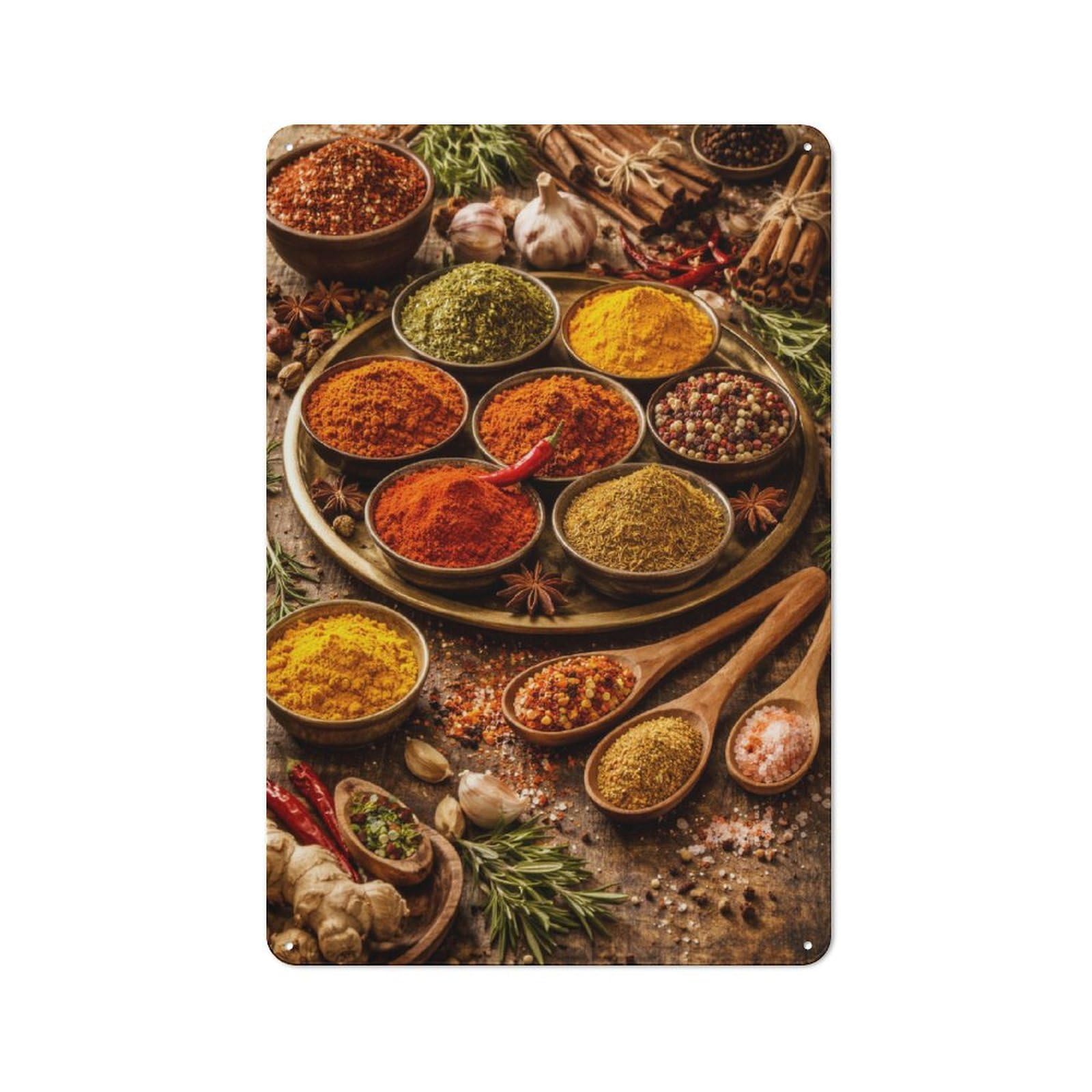 Junmoney Style-5 Bistro Style Bistro Metal Sign 30X20cm Featuring Assortment Of Spices And Herbs, Shop Wall Decor For Takeaway, Bar, Kitchen Or Counter Area