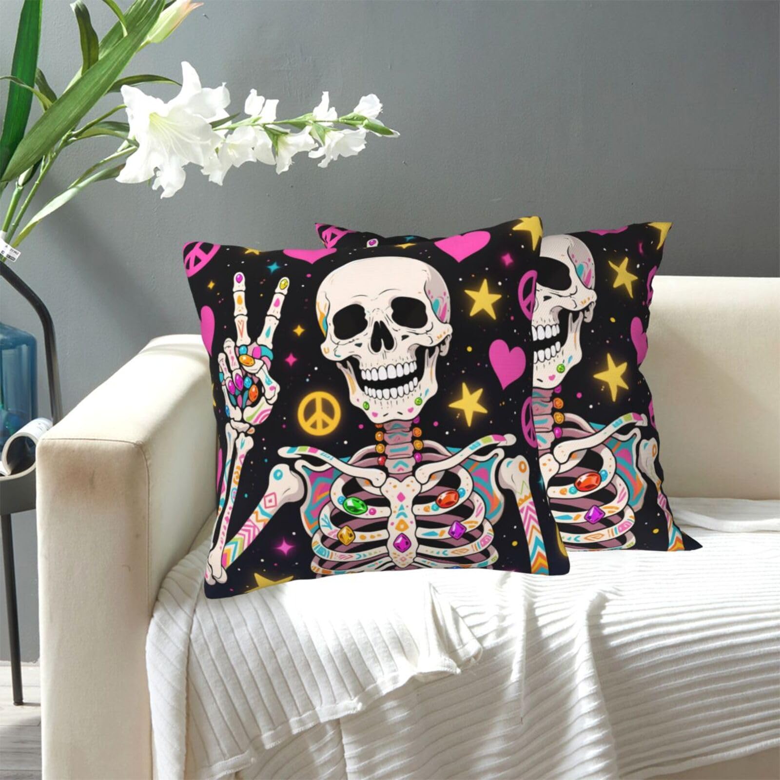 FekiLoot Decorative Throw Pillow Covers Modern Farmhouse Pillowcase Double Sided Cozy Cushion Cover for Sofa Couch Bed 16"X16" Hippie Skull