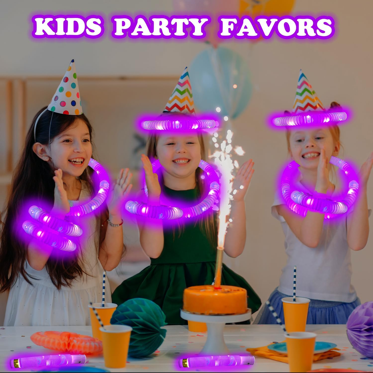 Purple Graduation Glow Sticks Pop Tubes 24 PCS, Light Up Bracelets Necklaces Decor, Glow Party Favors for Kids Party, Kindergarten Preschool End of School Year Goodie Bag Stuffers Classroom Prizes