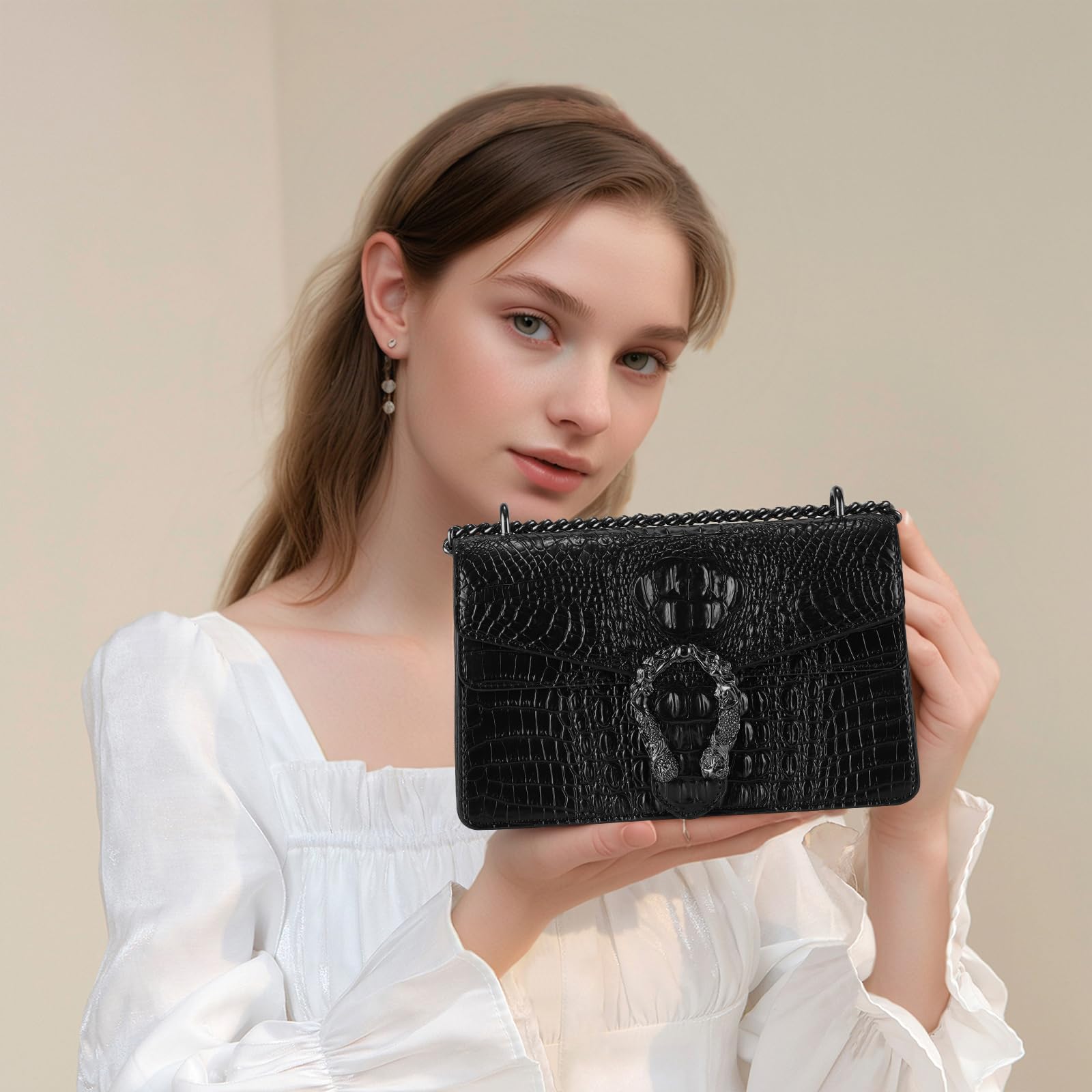 Bolso bandolera y de mano, de piel sintética, de mujer, con estampado de serpiente clásico, con cadena.