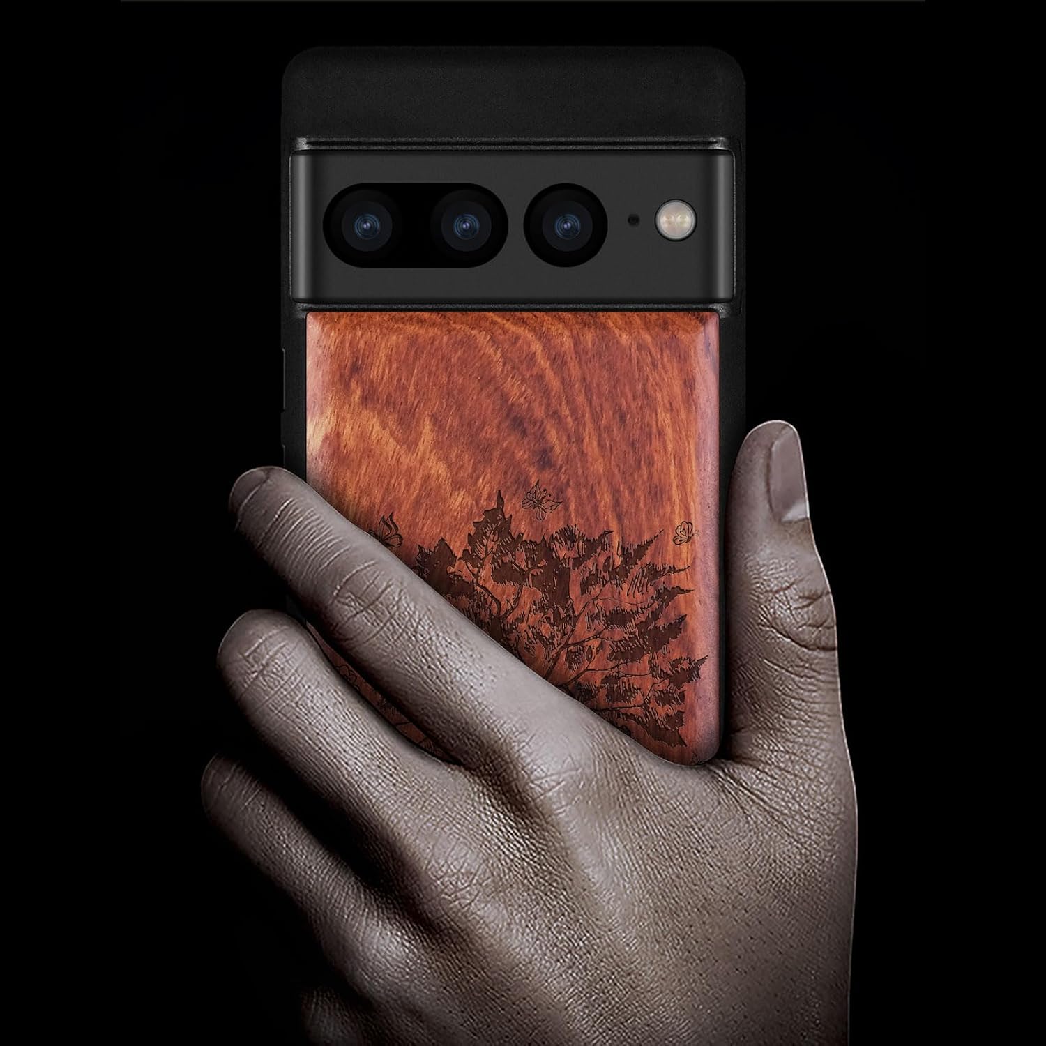 Carveit Wood Case for Pixel 7 Pro Case [Natural Wood & Black Soft TPU] Shockproof Protective Unique Wooden Cover Compatible with Google Pixel 7 Pro (The Zentangle Sapling-Rosy)