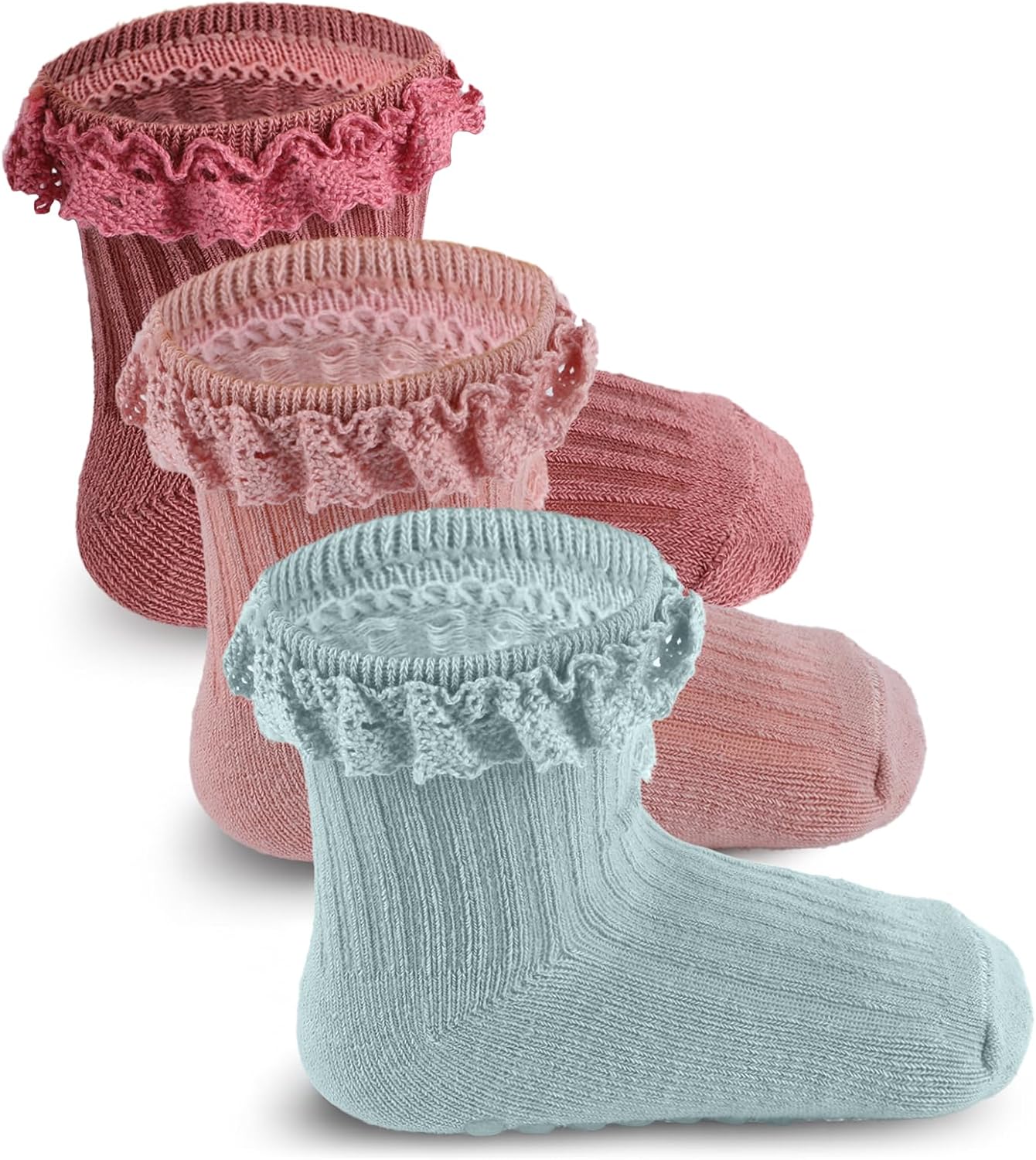5 Pairs Baby Girl Ruffle Socks, Non Slip Grip Socks - Cotton Infant Ankle Sock for 0-12 Months Newborn Toddlers (White, Pink, Peach, Purgundy, Green)