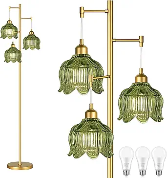 Glass Floor Lamp for Living Room and Bedroom, Mid Century Modern Standing Lamp with Brass Tree Design, Green Flower Shade, 3 Light Adjustable Heads