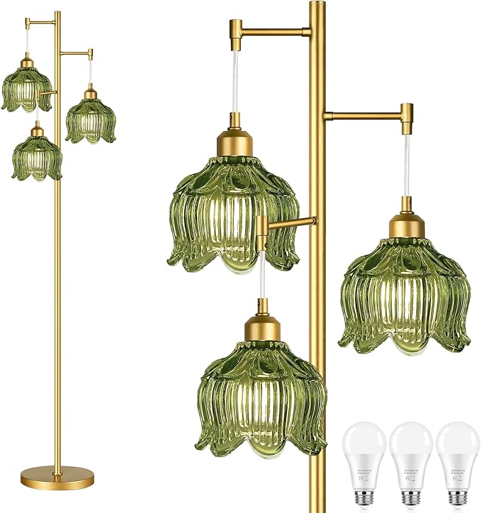 Glass Floor Lamp for Living Room,Bedroom,Gold Mid Century Modern Standing Lamp Brass Tree 3 Light Tall Floor Lamps Vintage Retro Floor Lights Green Flower Lamp Shade Farmhouse Boho Bohemian