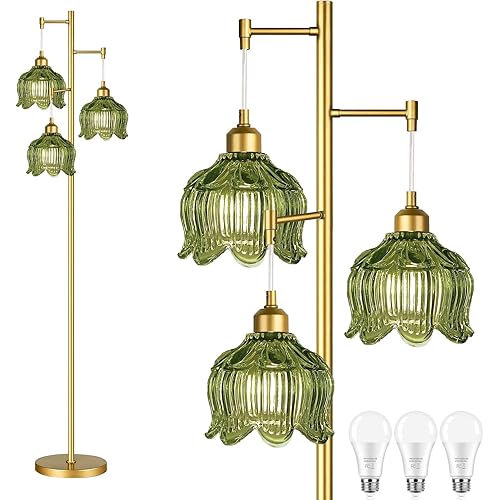 Glass Floor Lamp for Living Room,Bedroom,Gold Mid Century Modern Standing Lamp Brass Tree 3 Light Tall Floor Lamps Vintage Retro Floor Lights Green Flower Lamp Shade Farmhouse Boho Bohemian