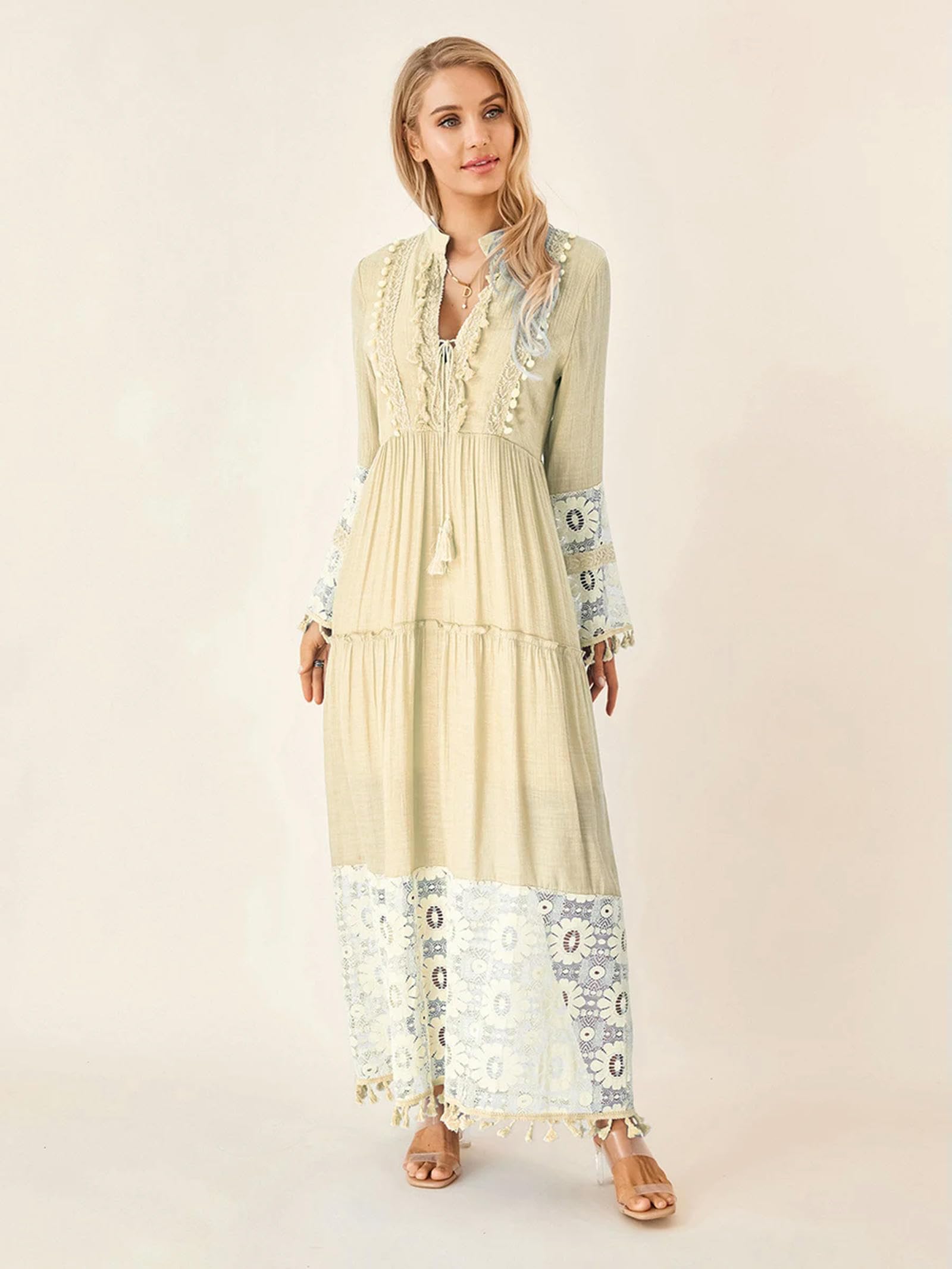 Vestido de Mujer Manga Larga Cuello Cuadrado Volantes Florales Swing A Line.-3-Azul-M