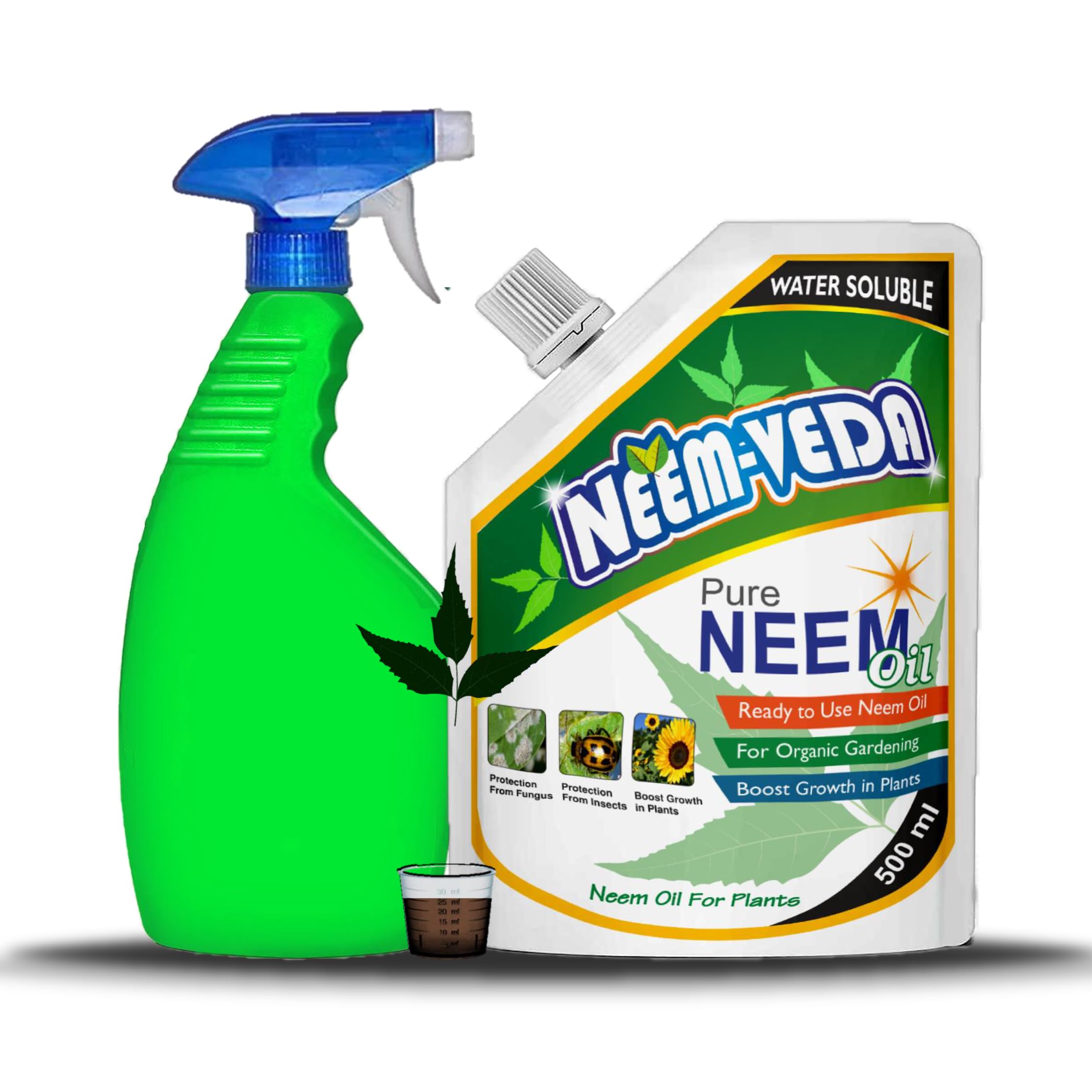 Home-Secure Neem Veda Organic Cold Pressed Water Soluble Neem Oil for Spray on Plants and Garden 500 milliliters (with ml cup, spray bottle)