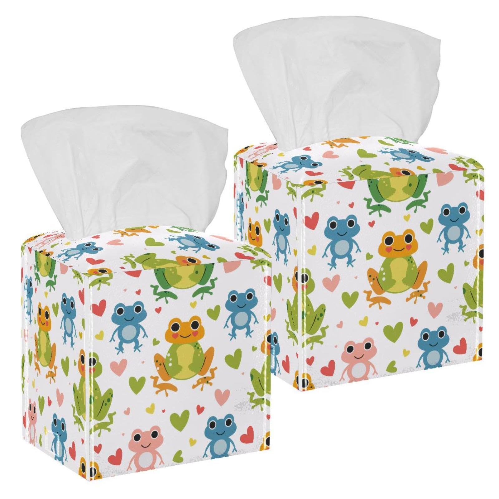 Frog Hearts Tissue Box Cover, 2 Pack PU Leather Square Facial Tissue Dispenser Box holder for Home Office Car