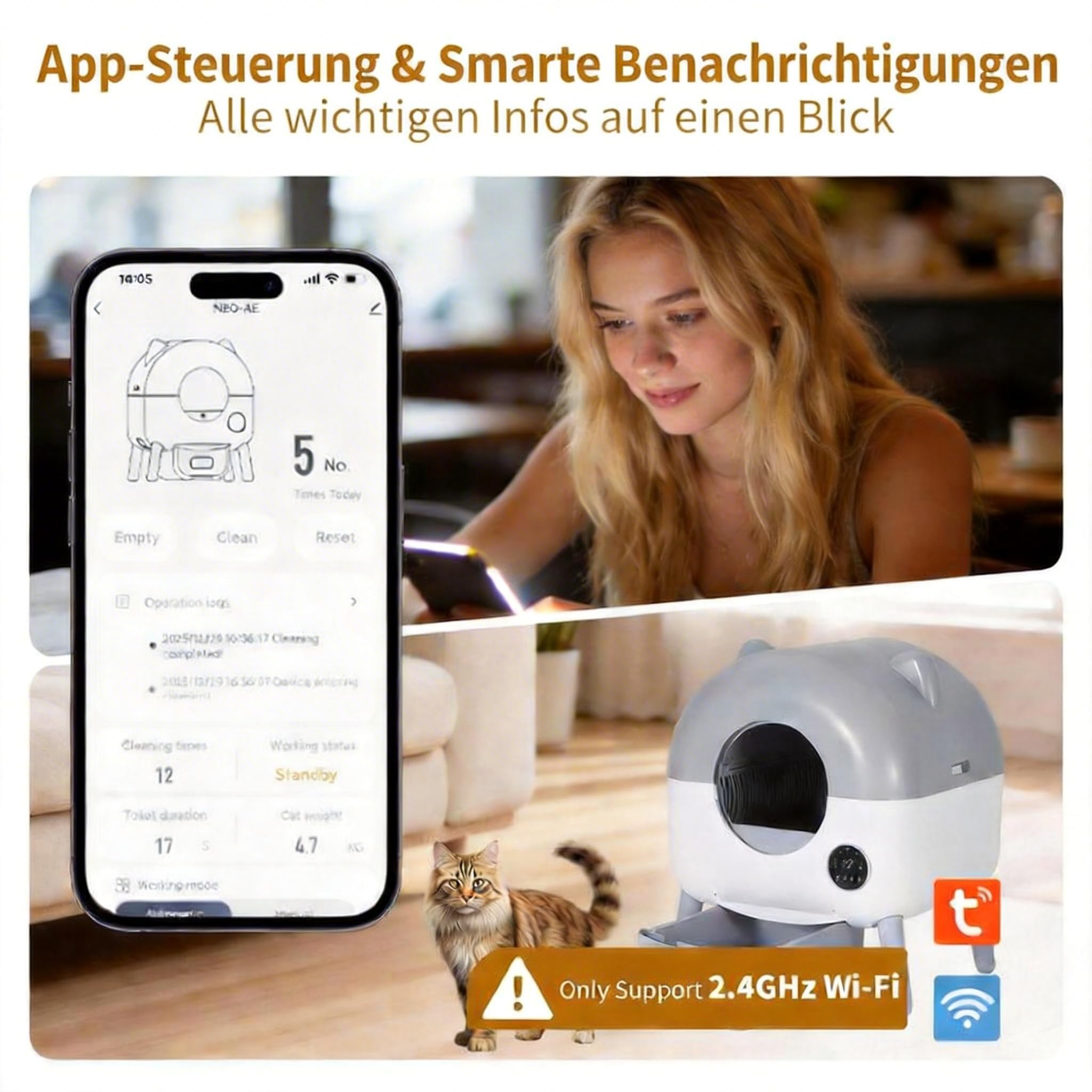 Selbstreinigende Katzentoilette, 76L Automatisches Katzenklo mit App-Steuerung & Sicherheitsschutz, Großes Volumen für Mehrkatzenhaushalte, Einstellbares LED-Nachtlicht, inkl. 1 Rolle Müllbeutel