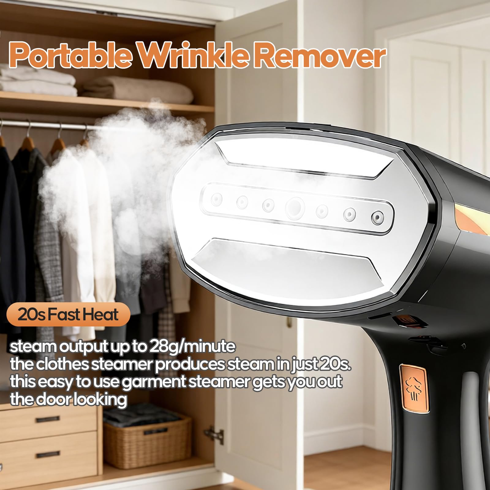 PKBD Fer à repasser à vapeur de voyage,élimine les rides,réservoir d'eau amovible de 320ml et écran LED 3 vitesses, vaporisateur à main pour vêtements 1800w,idéal pour les voyages,maison,Bureau.noir