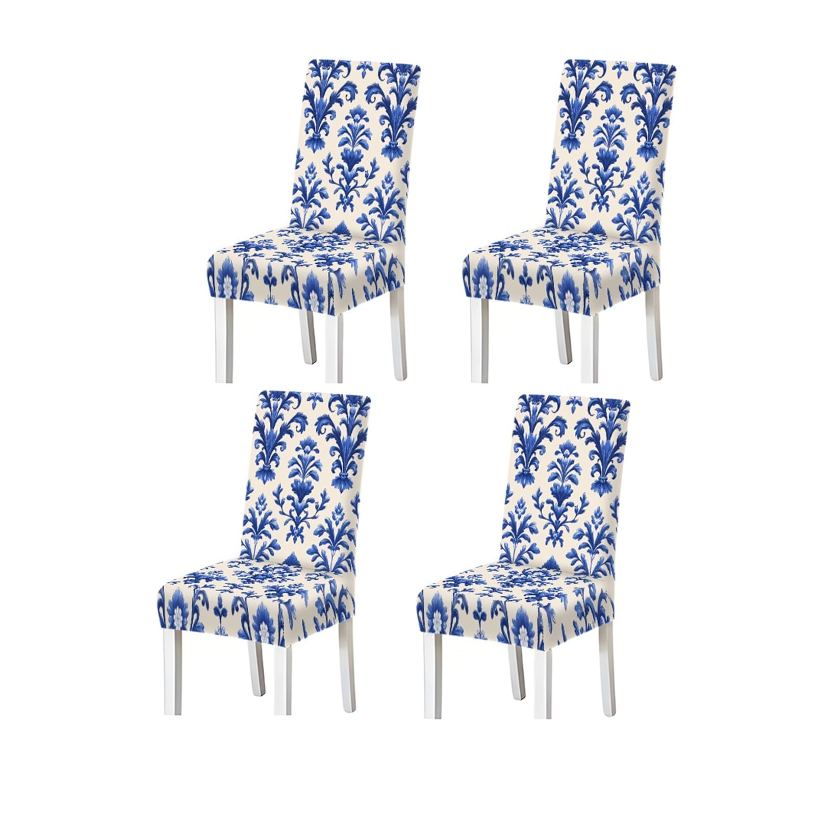 BOSUYBN Blue White Damask Floral Pattern Print Dining Chair Covers Set Of 2/4/6, Stretch Slipcovers For Kitchen Dining Room Furniture Protectors for Home Dining Room(4PCSChair cover)