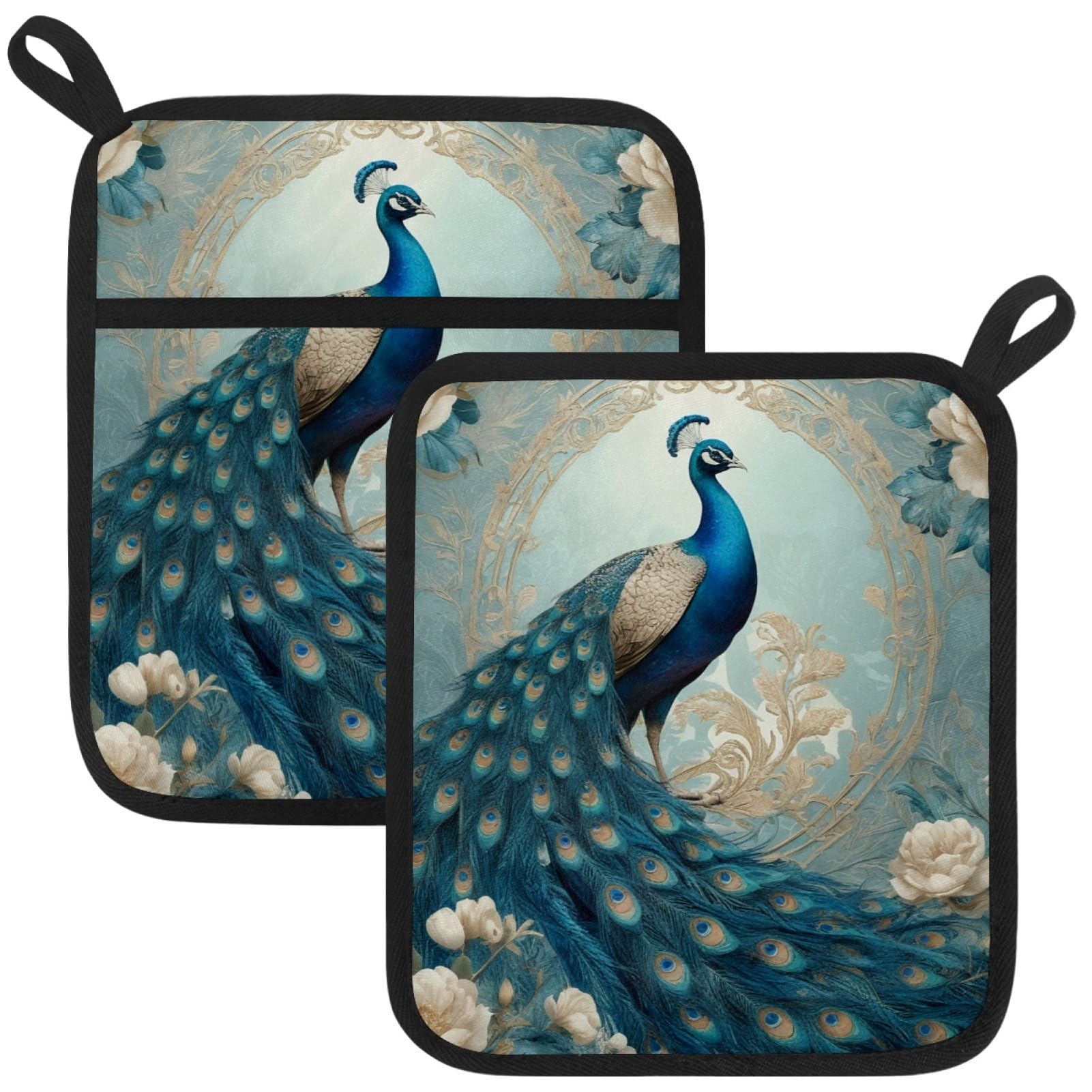 VAPOKF Peacock White Flower Pot Holder, Heat Resistant Oven Cloths, Potholders & Oven Gloves, for Kitchen Cooking & Baking, Thick & Safe, Protection of Hands From Hot Utensils