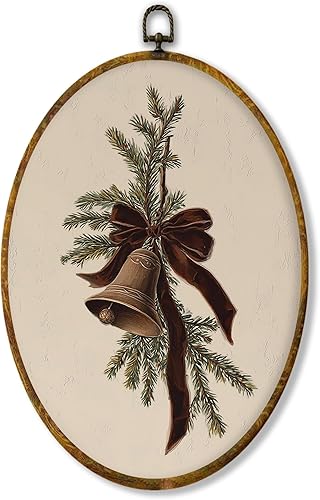 Hiuwevt Decoración de pared ovalada de campana de Navidad vintage, impresión de lienzo con lazo de coqueta rústica, decoración retro navideña