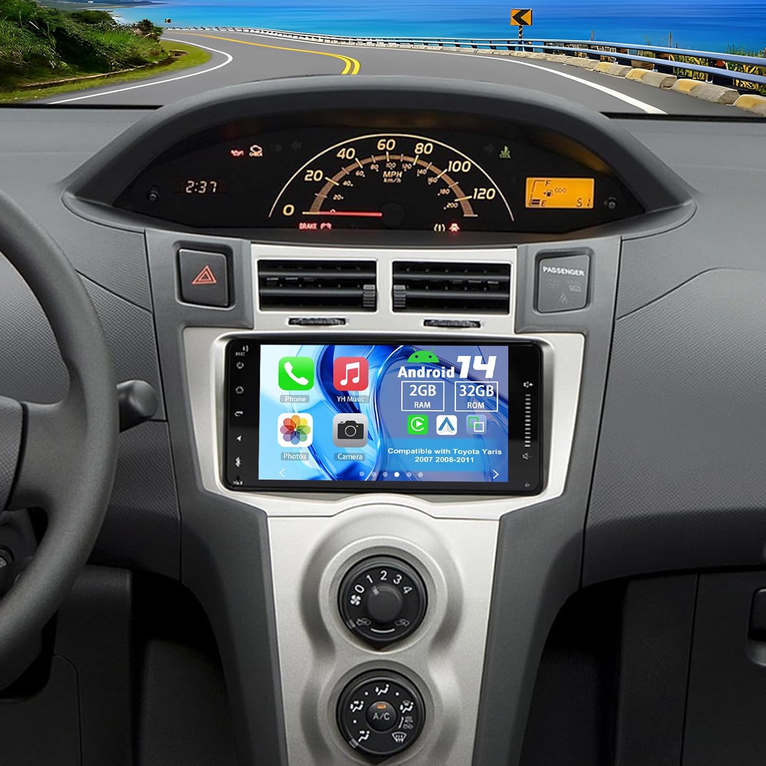 Android 14 Double Din Car Stereo Upgrade Radio for Toyota Yaris 2007 2008-2011,7" Touchscreen Wireless Carplay Android Auto GPS WiFi Bluetooth RDS DSP SWC Mirrorlink Mic Backup Camera