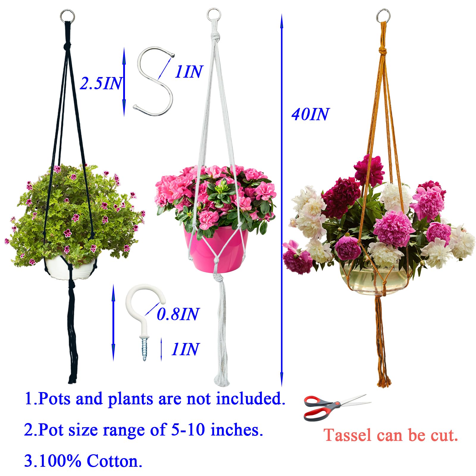Makramee-Pflanzenhänger – 3 Stück, 101,6 Cm Lang, Mit Haken, Für Töpfe 15-30 Cm, Boho-Deko