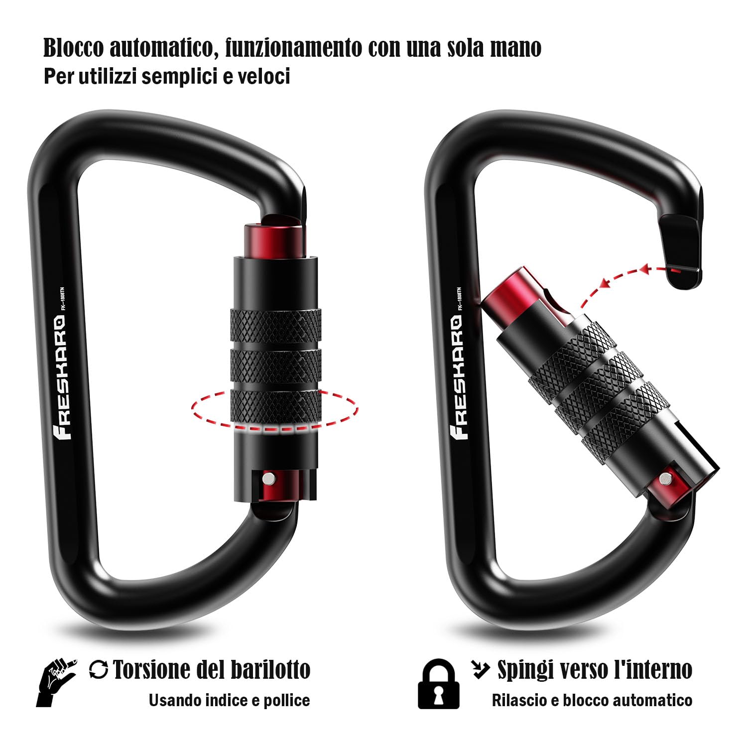 FresKaro Nuove Clip per Moschettone di Bloccaggio, Resistenza alla Trazione 1224 kg, Moschettoni in Alluminio, per Amache, Altalena Yoga, Campeggio, Portachiavi, chiusura di sicurezza per cani, 2pezzi