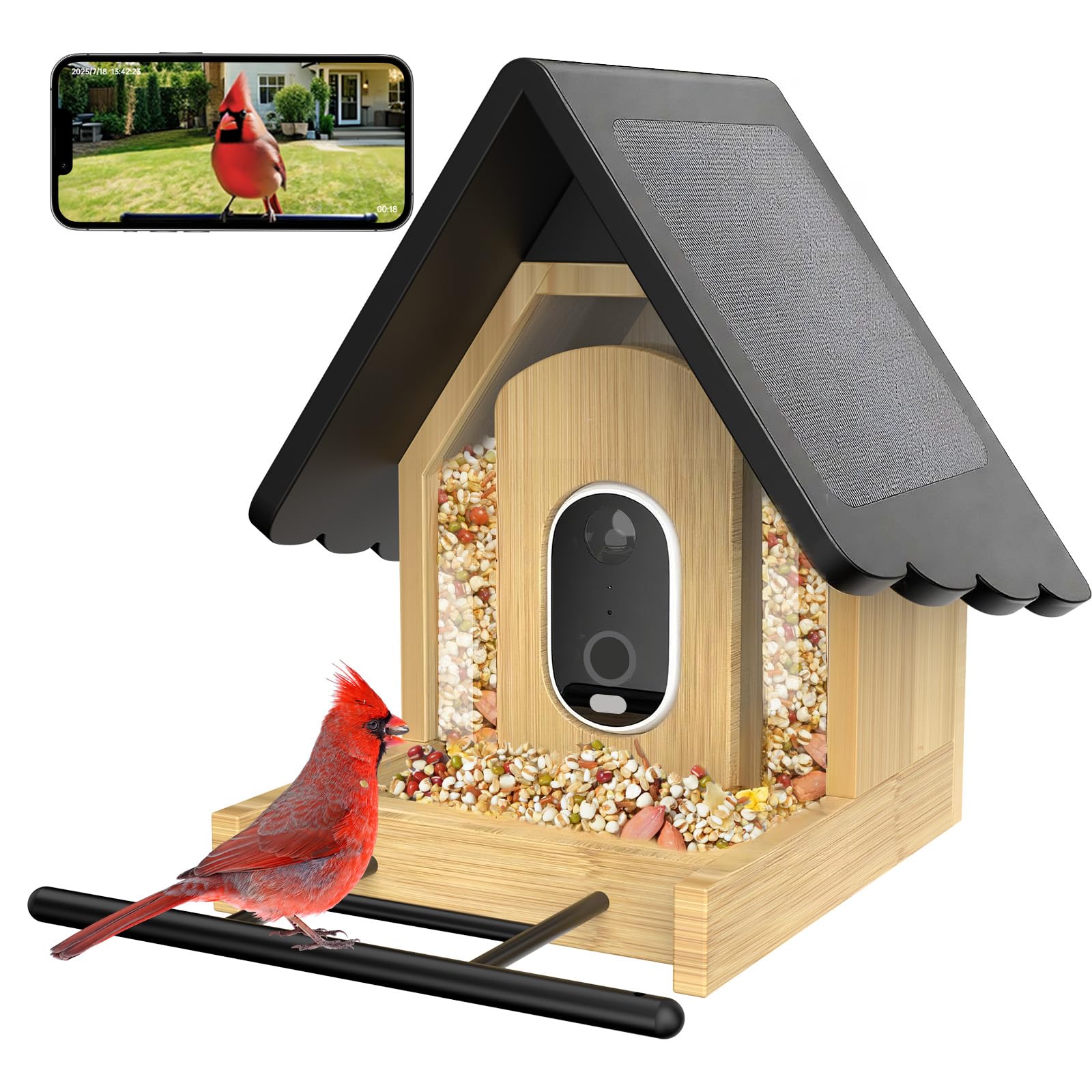 Smart Bird Feeder with Camera - 2K HD Solar Powered Outdoor Bird Camera AI Recognition Birdfeeder Cam IP65 Waterproof Remote Monitoring for Backyard Birds Ideal Gift for Birds Lovers