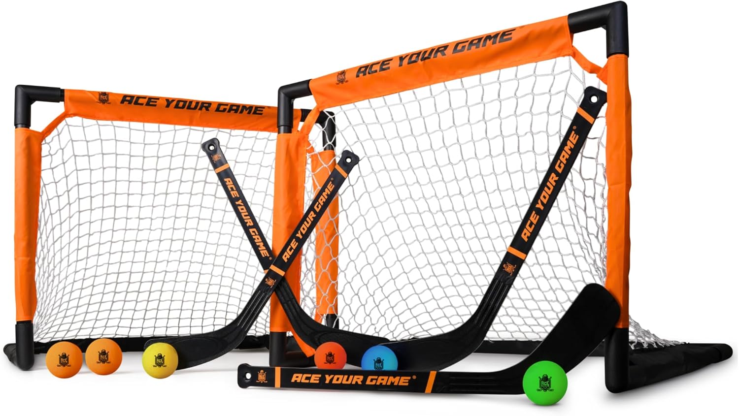 ACE HOCKEY - Shinny Hockey Set - Complete 4-Player Indoor/Outdoor Kit - Knee Hockey Goal Set (2) Goals, (2) Mini Sticks, and (6) Foam Balls - Mini Hockey Set