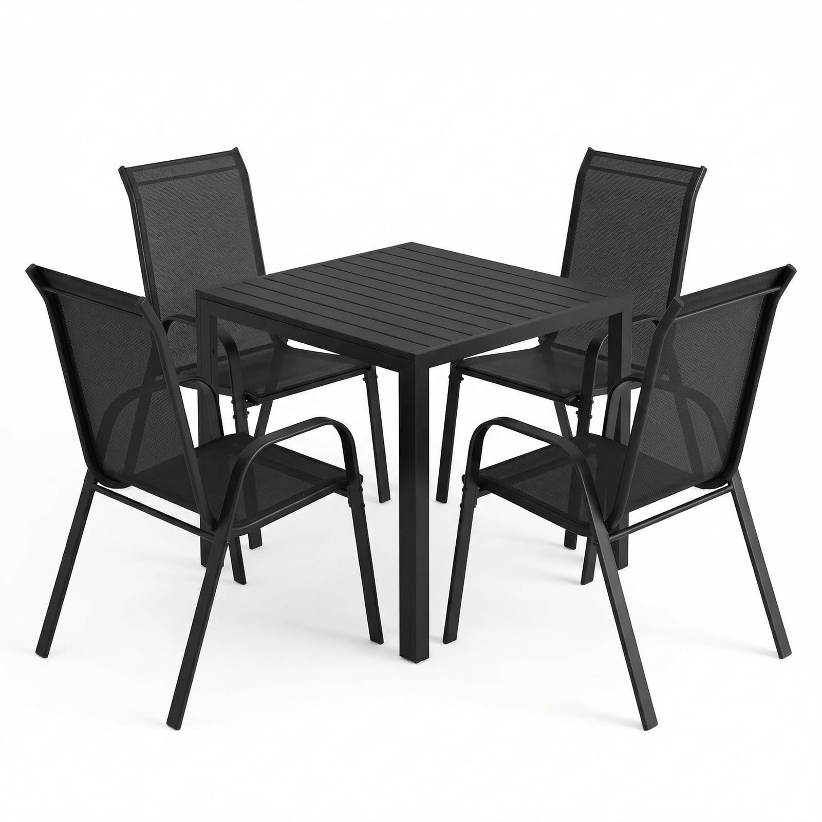 LIFERUN Gartenmöbel Set, 5-teilig, mit 4 Stapelbar Sesseln und 1 WPC Quadratischer Tisch, Balkonmöbel, Terrassenmöbel für alle Jahreszeiten, Terrasse, Garten und Außenbereich