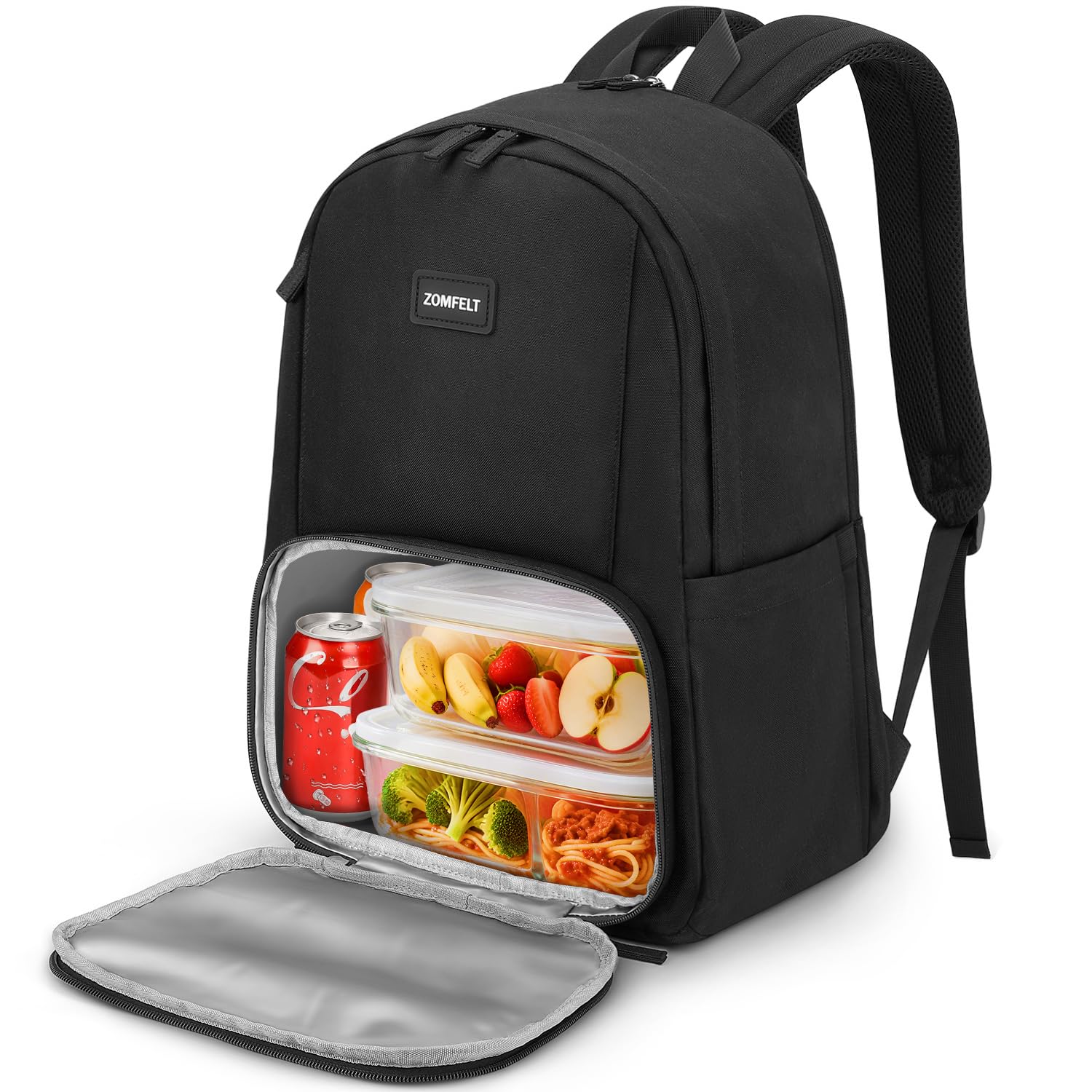 ZOMFELT Lunch Backpack for Women Men, 15.6 inch Laptop Backpack for School with Cooler Lunch Box, Flight Approved Carry on Backpack, Travel Backpack for College Work Nurse Teacher Picnics Gift, Black