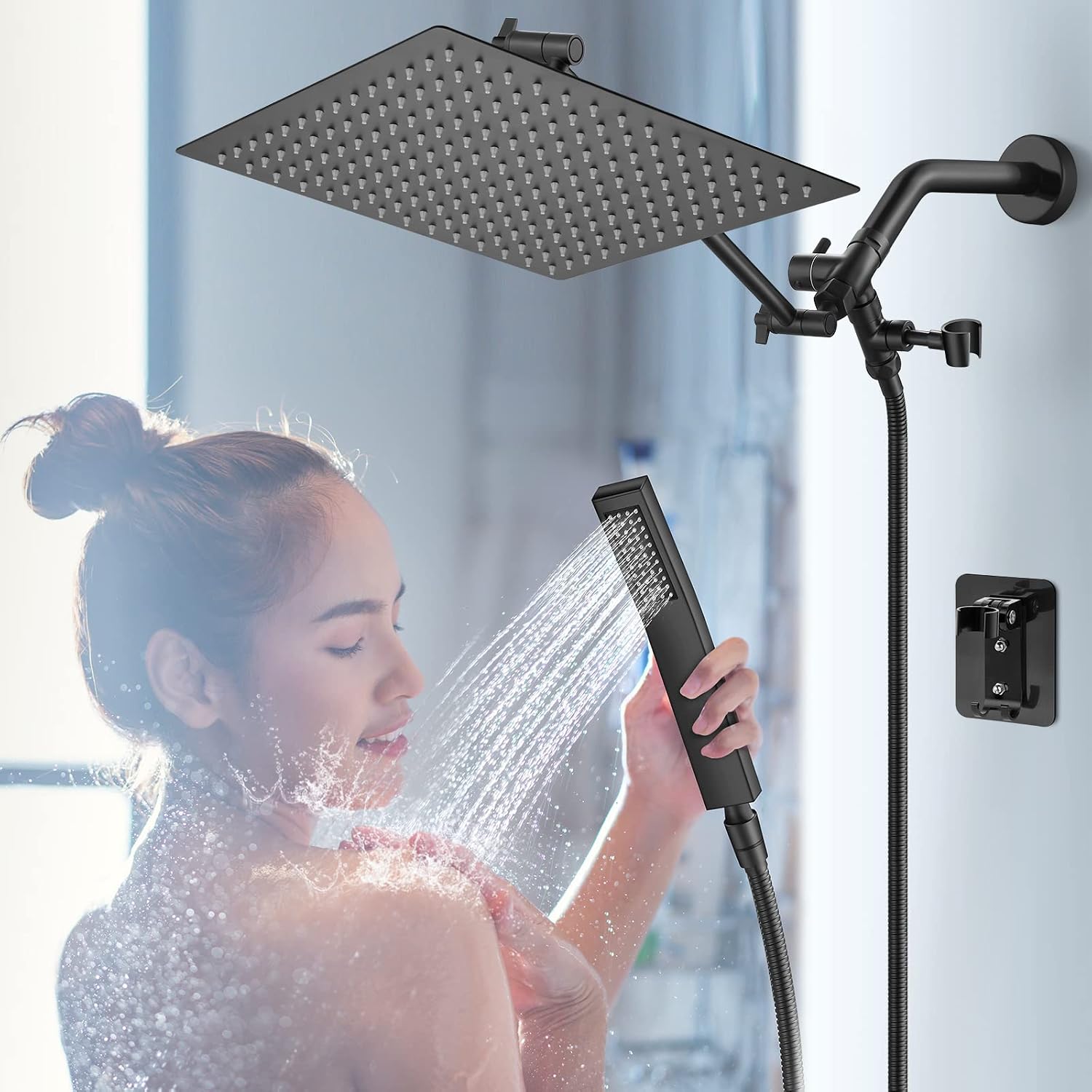 Shower Head, 12'' Head Combo, NERDON Dual Square Rainfall with Handheld 15'' Brass Adjustable Extension Arm and Combined 3-Way Diverter - A Bathroom Upgrade, Matte Black
