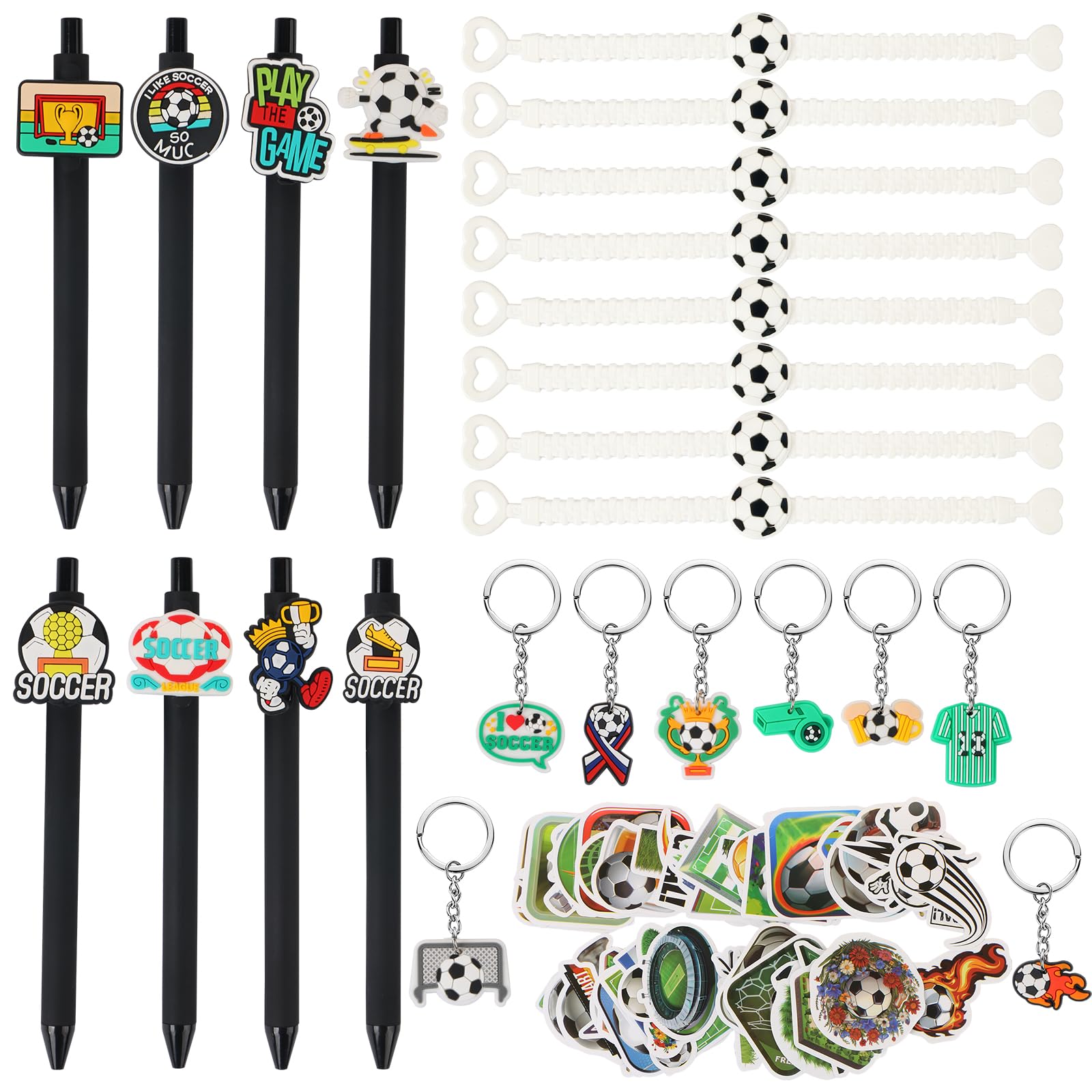 LALASTYLE 74 PCS Football Party Bags Fillers, Include 8 Football Gel Pen, 8 Keychain, 8 Adjustable Bracelet, 50 Football Stickers for Football Party Bag Fillers for Boys Girls Birthday Party Gift