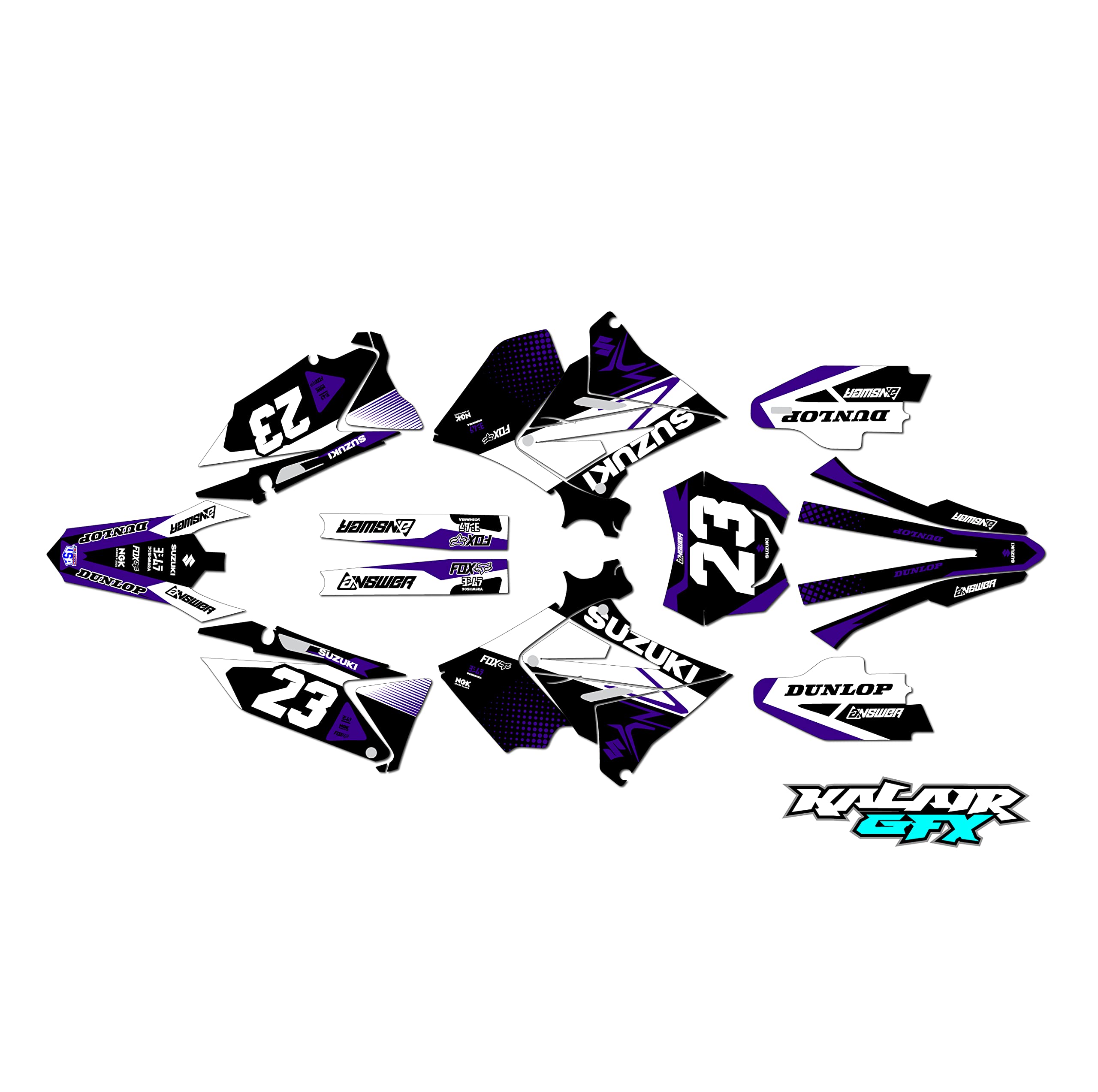 Kalair GFX Graphics Kit for Suzuki RM125 (2001-2008) Polisport Restyle Evader Series Purple 16 Mil - Dirt pit bike motorcycle stickers, dirtbike racing automotive decal accessories no-plastics