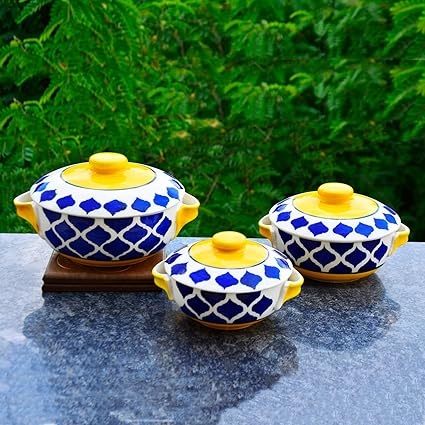 StyleMyWay Hand Painted Large Ceramic Serving Donga Set with Lid and Handle (Set of 3, Blue and Yellow, 1200 ml, 1000 ml, 800 ml) | Casserole Set | Dinner Serving Bowls with Lid