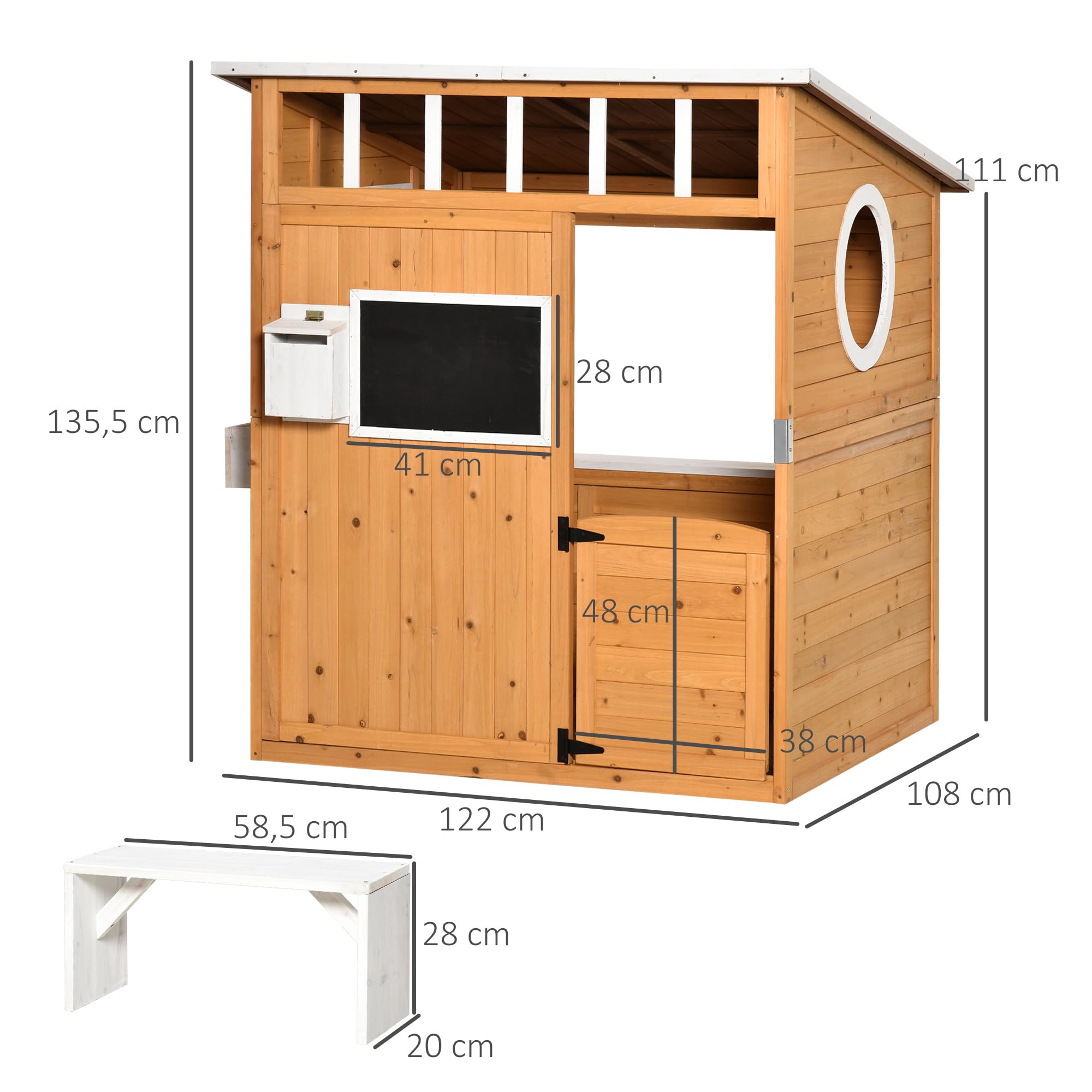 Outsunny Spielhaus Kinderspielhaus aus Holz mit Tür Fenster Briefkasten Blumentopfrack Gartenhaus für Kinder 3-8 Jahre Outdoor Indoor