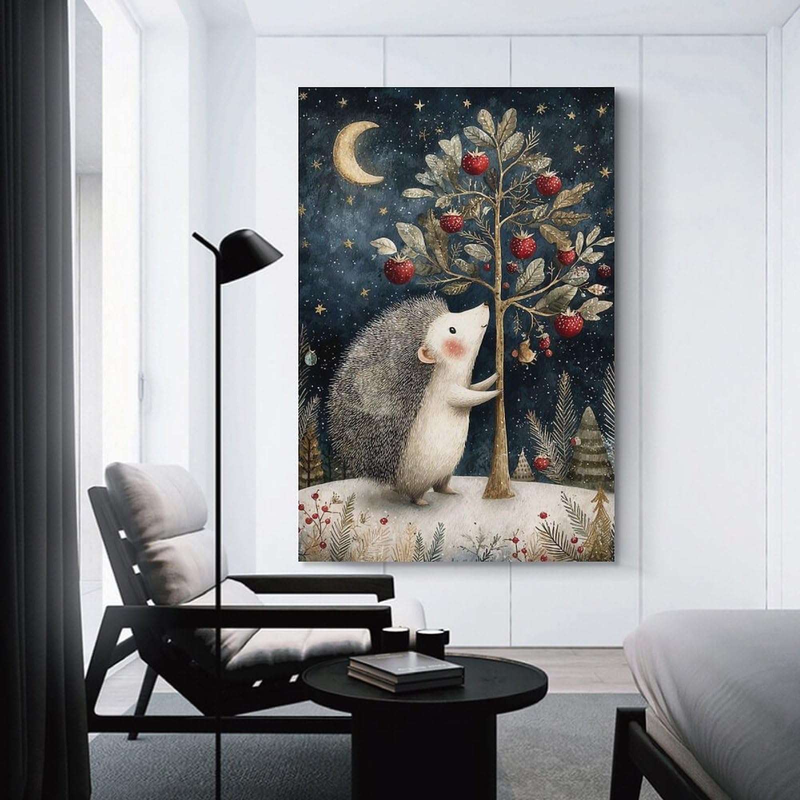 Junmoney Unframe-Style-5 Hanging Wall Art Hedgehog And Apple Tree At Night, 24X36inch(60X90cm), For Gallery Wall Layouts In Home Or Office, An Easy Match For Collected Prints