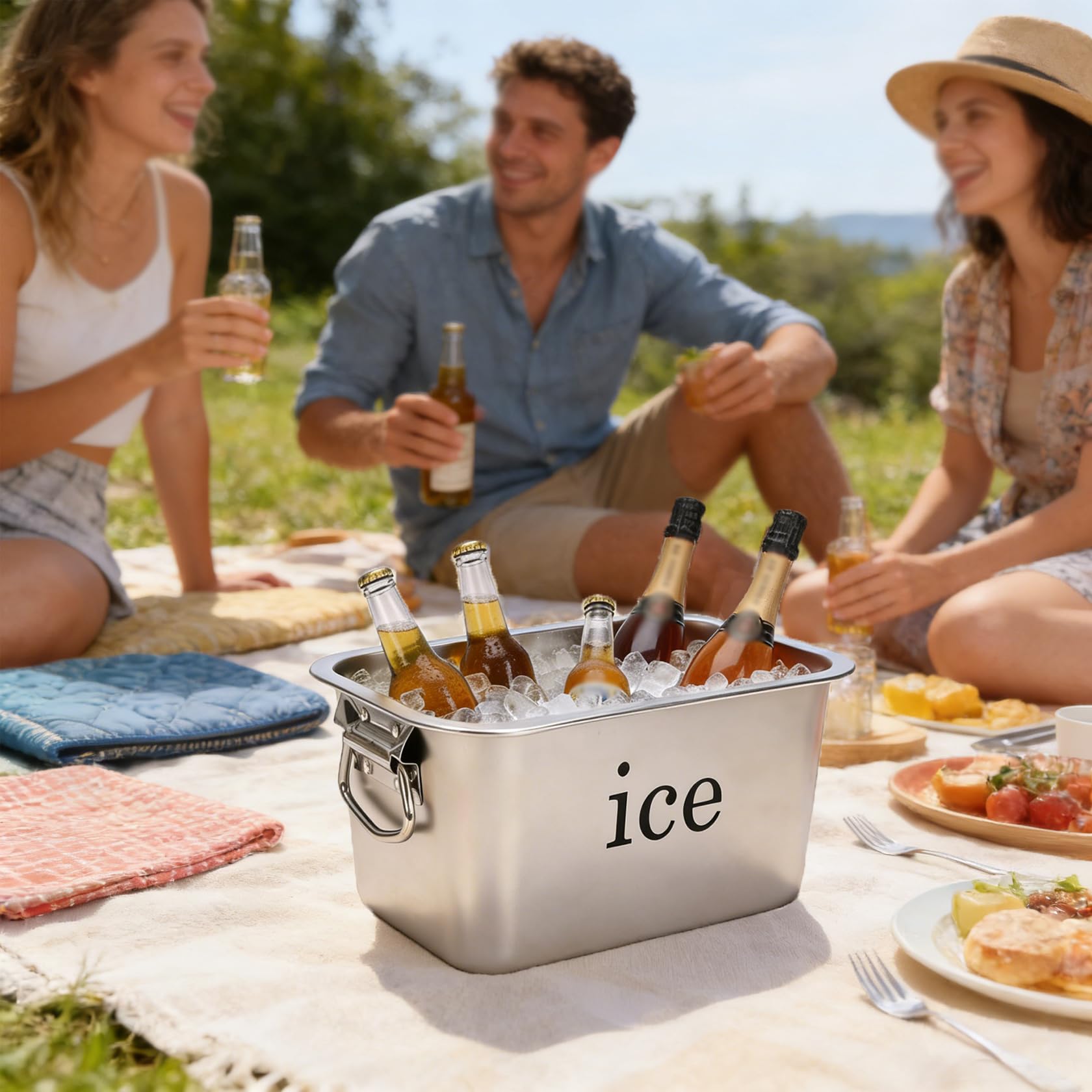 Secchiello per ghiaccio in acciaio inox, 6.8 L, con manico, per bevande, cubetti di ghiaccio, feste, barbecue, bar e casa, grande contenitore per il ghiaccio, champagne e birra, vino e cocktail per