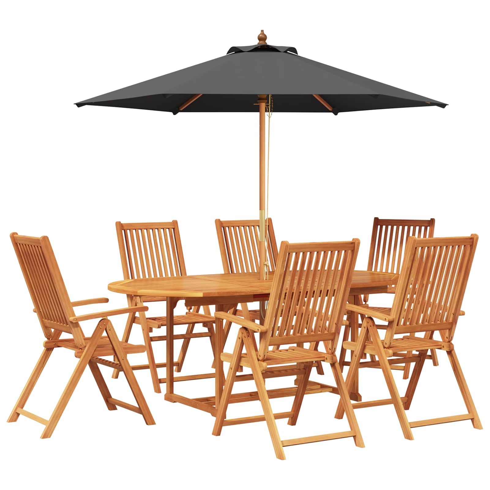 Homgoday Essgruppe für draußen mit Sonnenschirm 8 stk. 6-Sitzer, Massivholz Akazie, Anthrazit und Natur, ausziehbarer Tisch 200x100x74 cm, 5-fach verstellbare Stühle, UV-beständig, wetterfest, für Gar