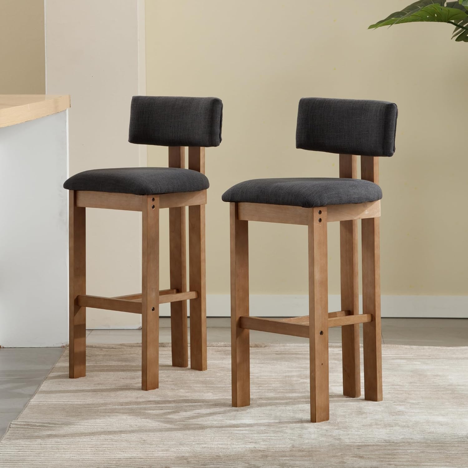 Mid Century Modern 30" Tall Bar Height Stools Set of 2, Farmhouse Comfy Upholstered Wooden Barstools with Footrest for Kitchen Island/Home Bar/Cafe, Linen Charcoal Black