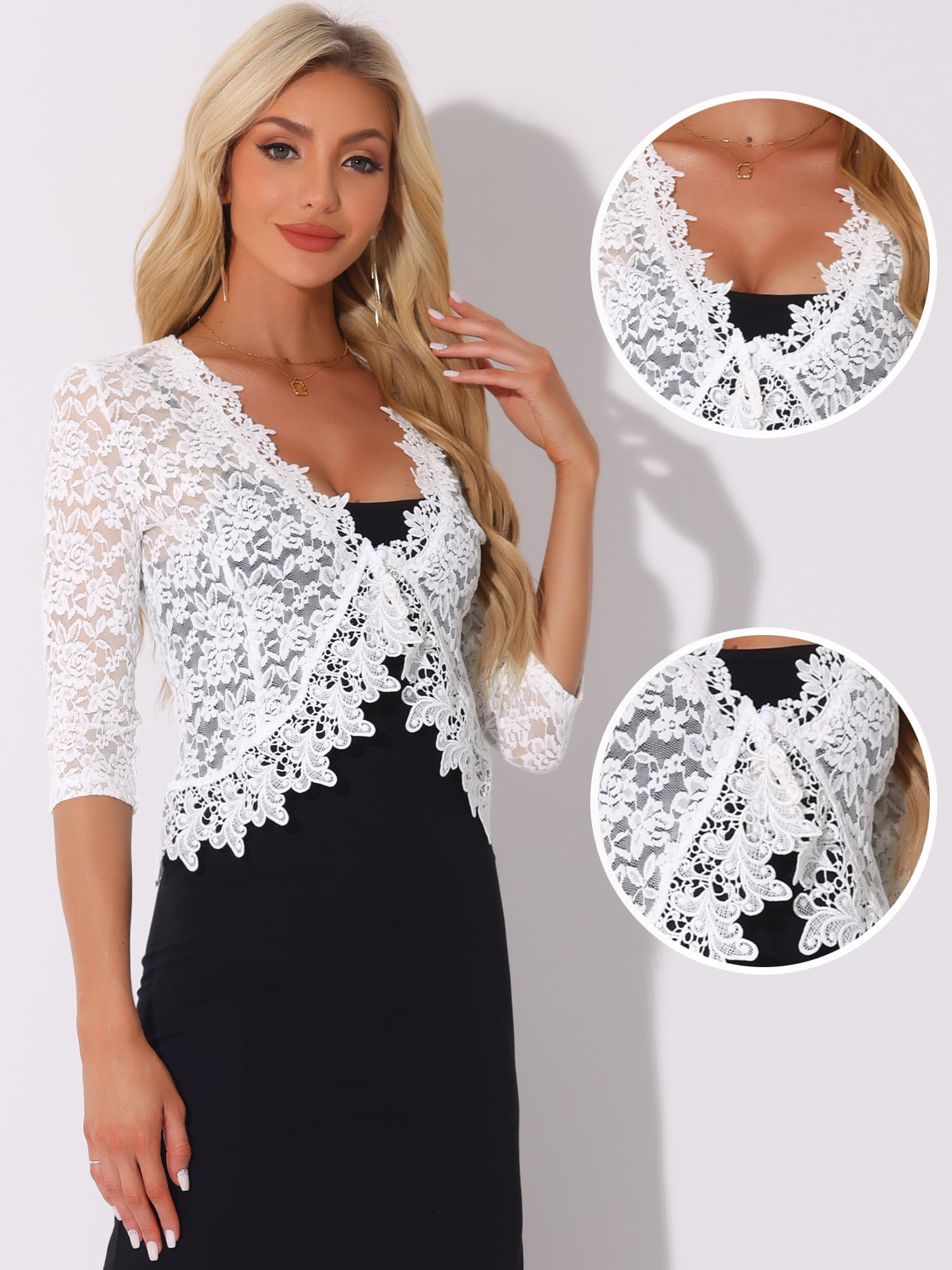 Allegra K Donna Coprispalle in Pizzo Elegante Cardigan con Maniche A 3/4 Trasparente Bolero per Festa di Halloween