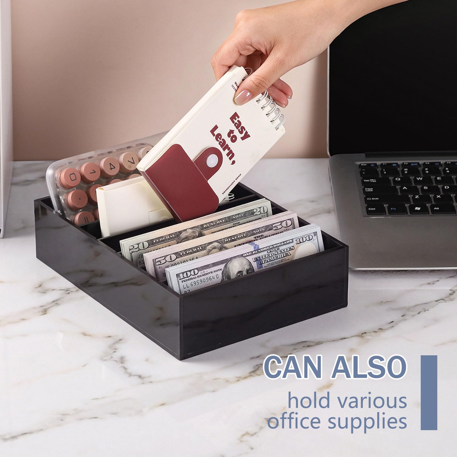 WHJY Set di 2 cassetti per contanti in acrilico nero, 8 scomparti, con divisori staccabili, multi-griglia, organizer per banconote, negozi e uffici