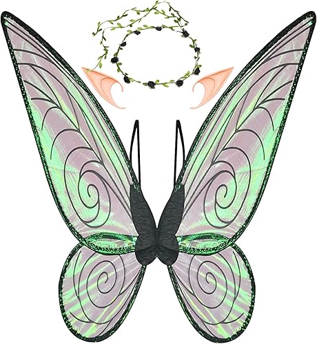 Miniatura 7 de U-Goforst Juego de disfraz de alas de hada, mariposa, alas de ángel, recuerdos de fiesta, Halloween, cosplay para mujeres y niñas (verde)
