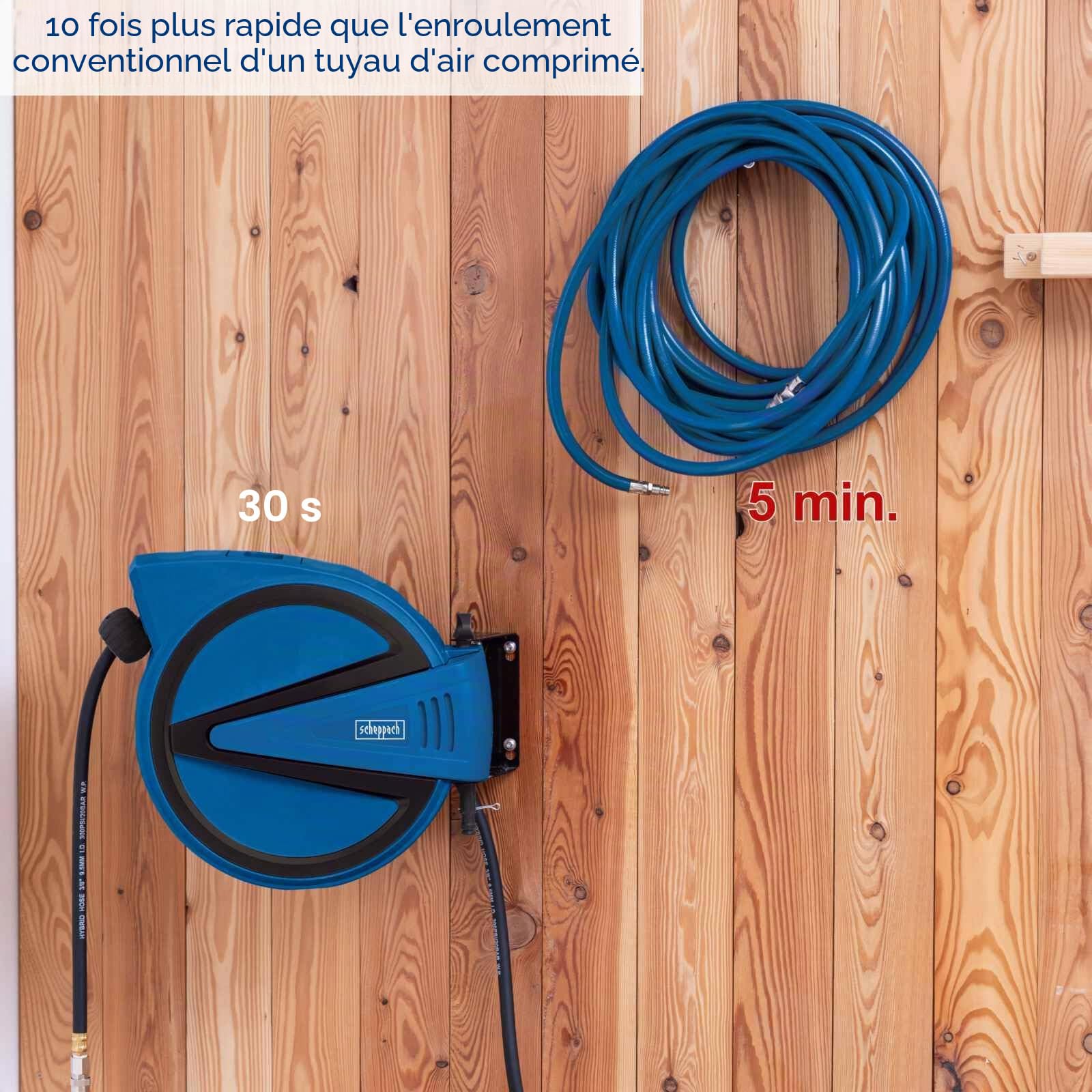 Scheppach Enrouleur de tuyau d'air comprimé - 15 m - Pression de travail : 15 bar - Diamètre intérieur : 9,3 mm - Diamètre intérieur : 15,3 mm - Orientable à 180 ° - Portable - Avec arrêt automatique