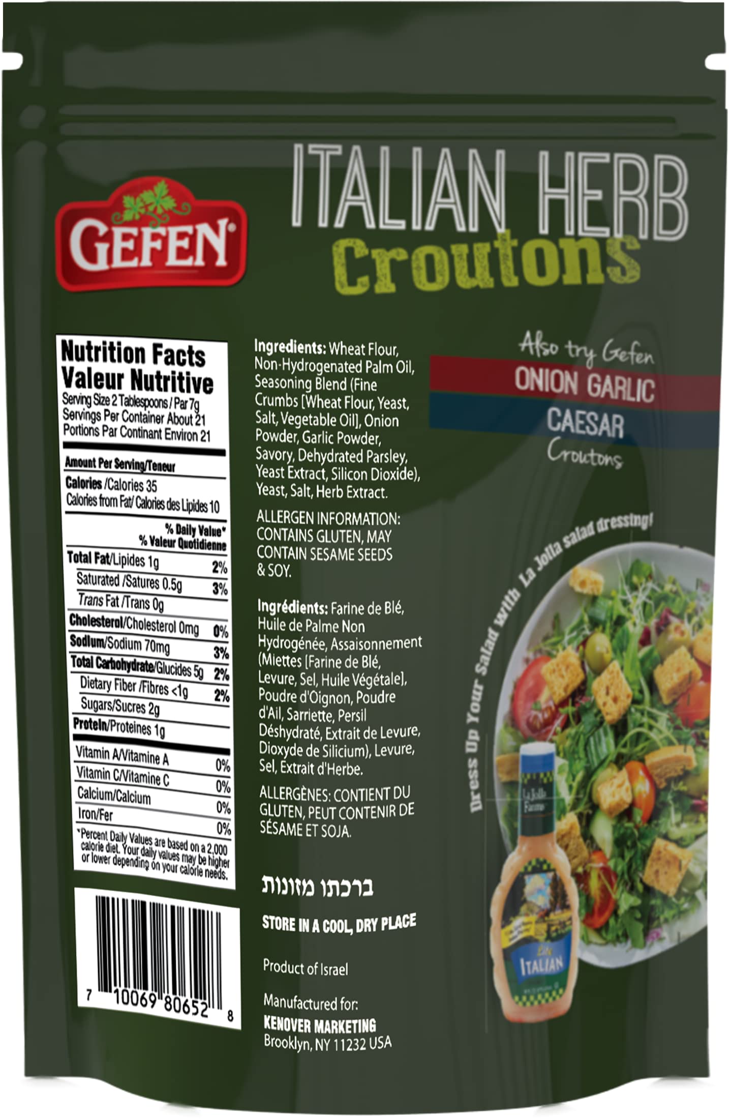 Gefen Lot de 3 croûtons d'herbes italiennes robustes - 150 ml - Parfaits pour les soupes, les salades, les cocottes et vos besoins en matière de cuisson