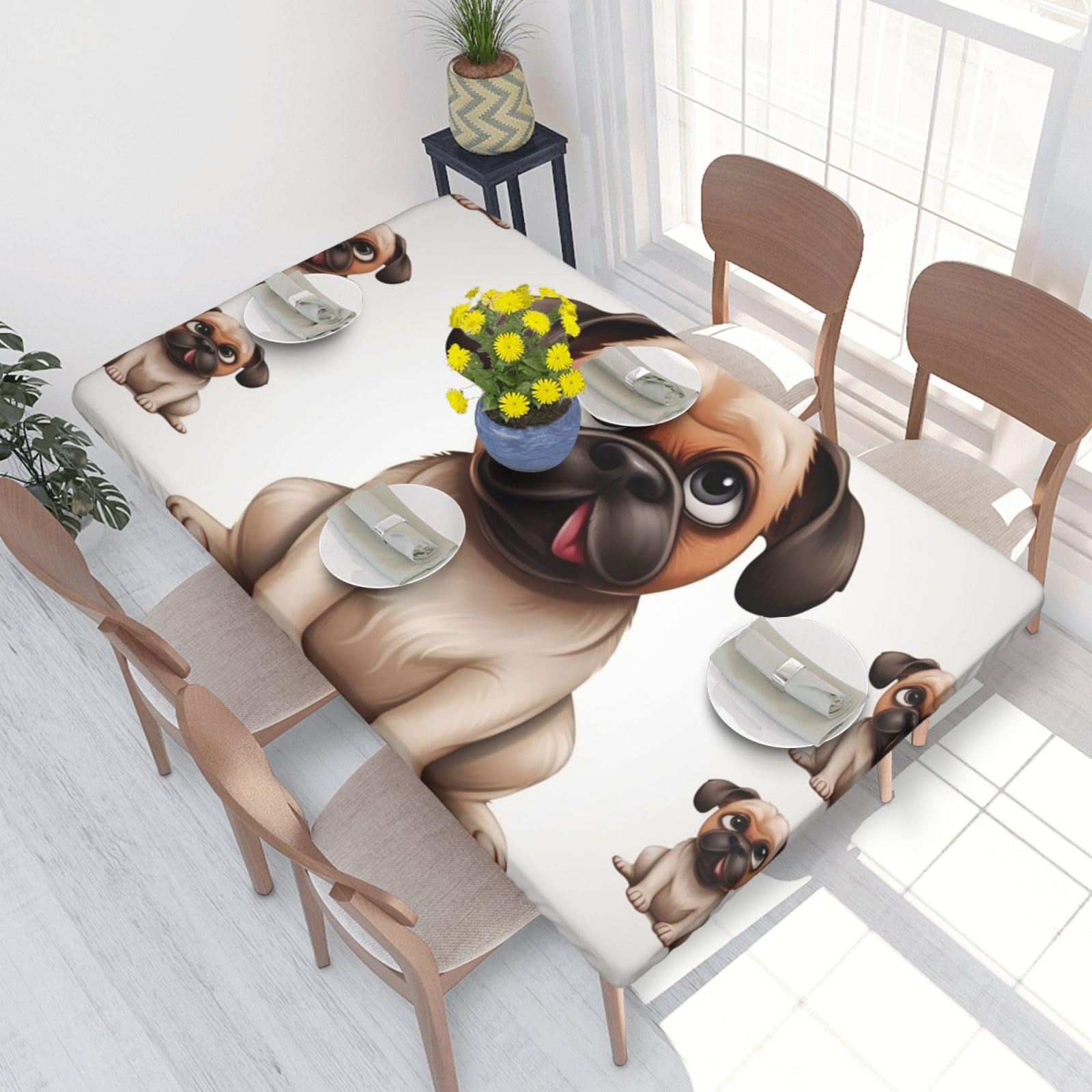 Cartoon Pug Waterproof Square Table Cover Elastic Fitted Tablecloth Oil Proof Table Protector For 4ft Table